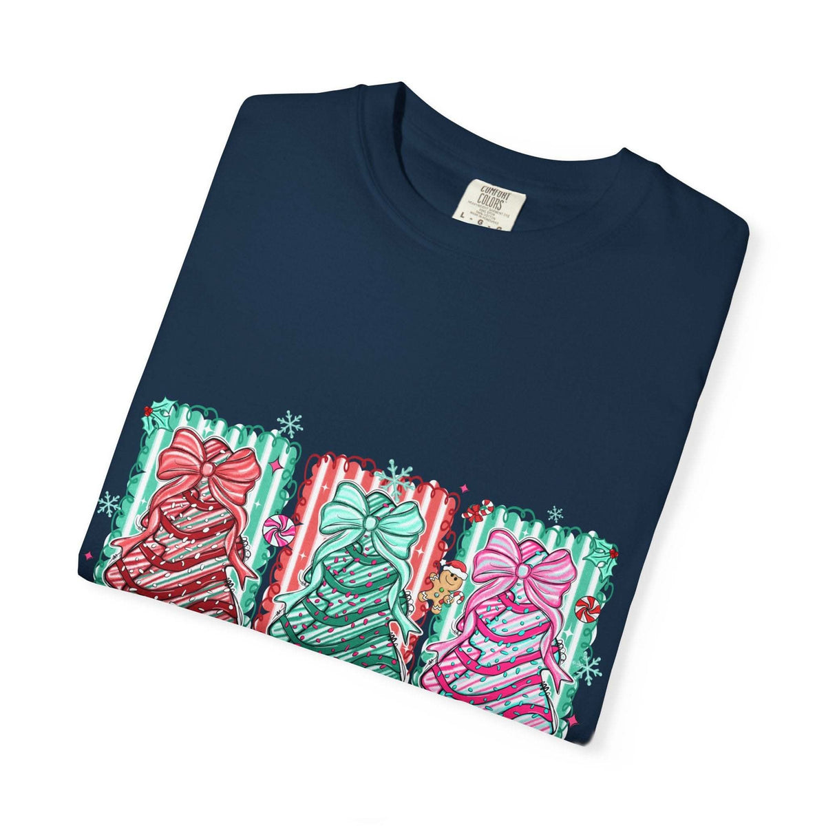 Oh Christmas Tree T-shirt with colorful decorated Christmas trees on cream garment-dyed fabric