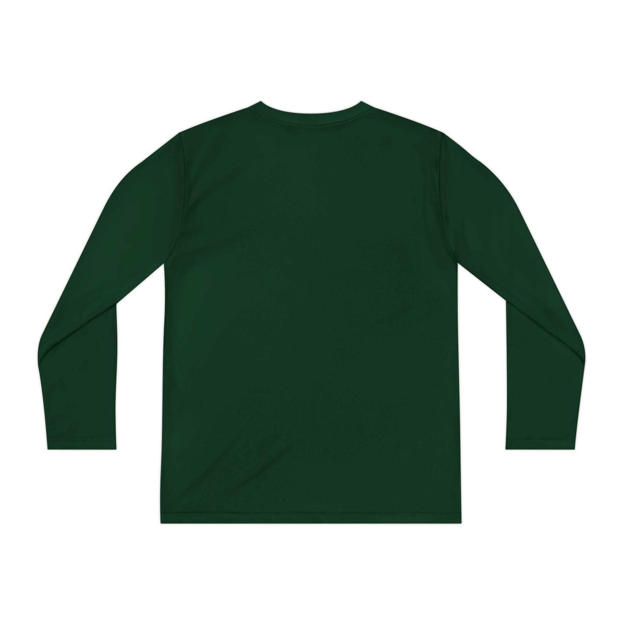 Dark green long sleeve youth tee with moisture-wicking fabric and athletic fit, perfect for Halloween and baseball fans