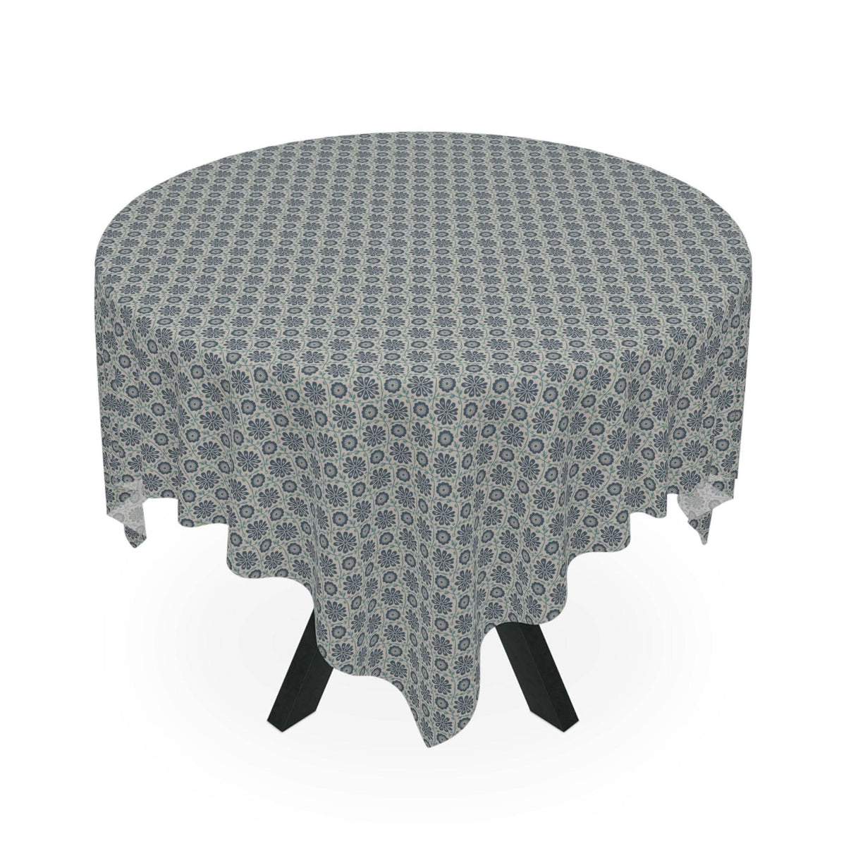 Tablecloth Indigo Floral with indigo ogee vine pattern on round table, polyester fabric, elegant and lightweight design