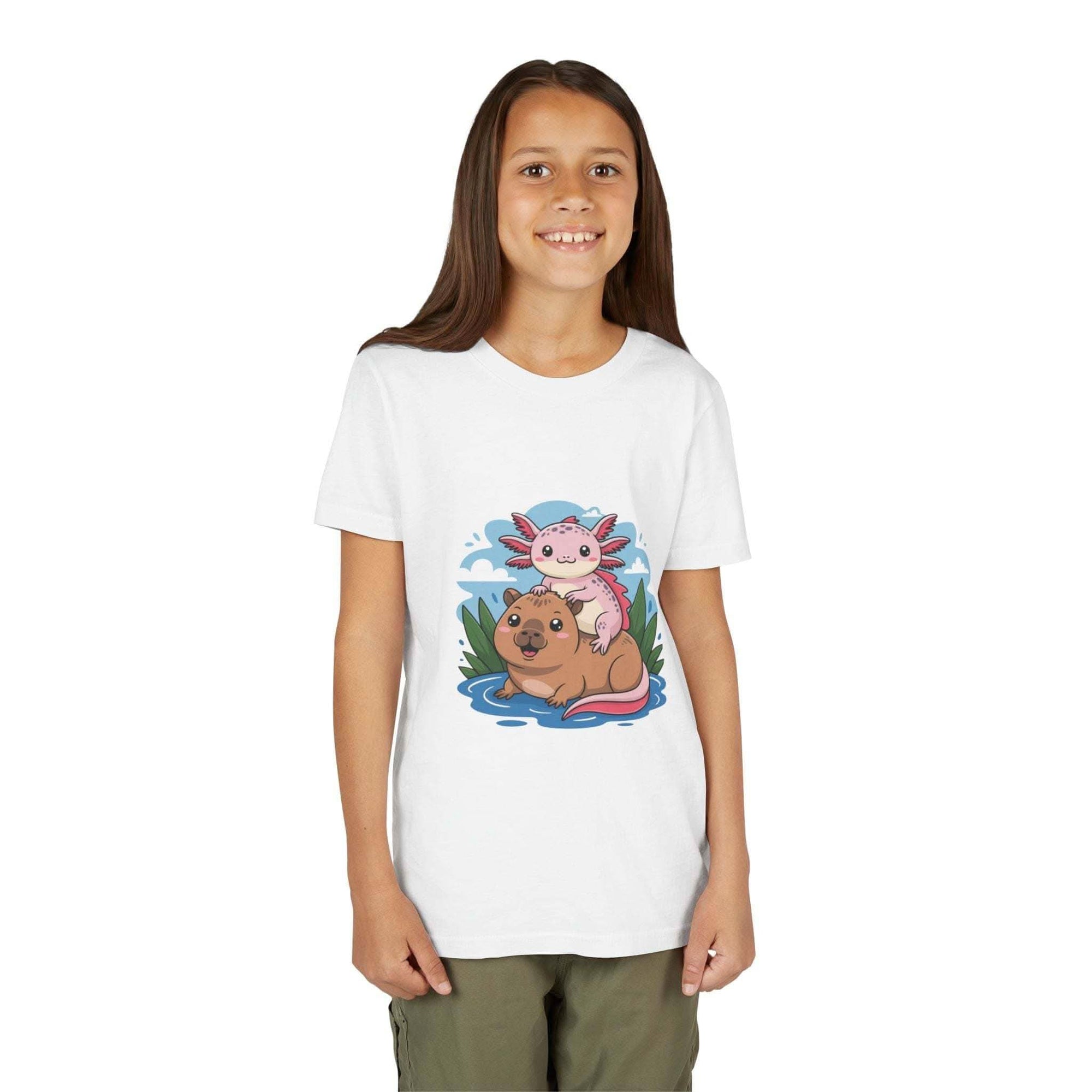 Youth tee with axolotl on capybara design, soft breathable cotton, relaxed fit for kids