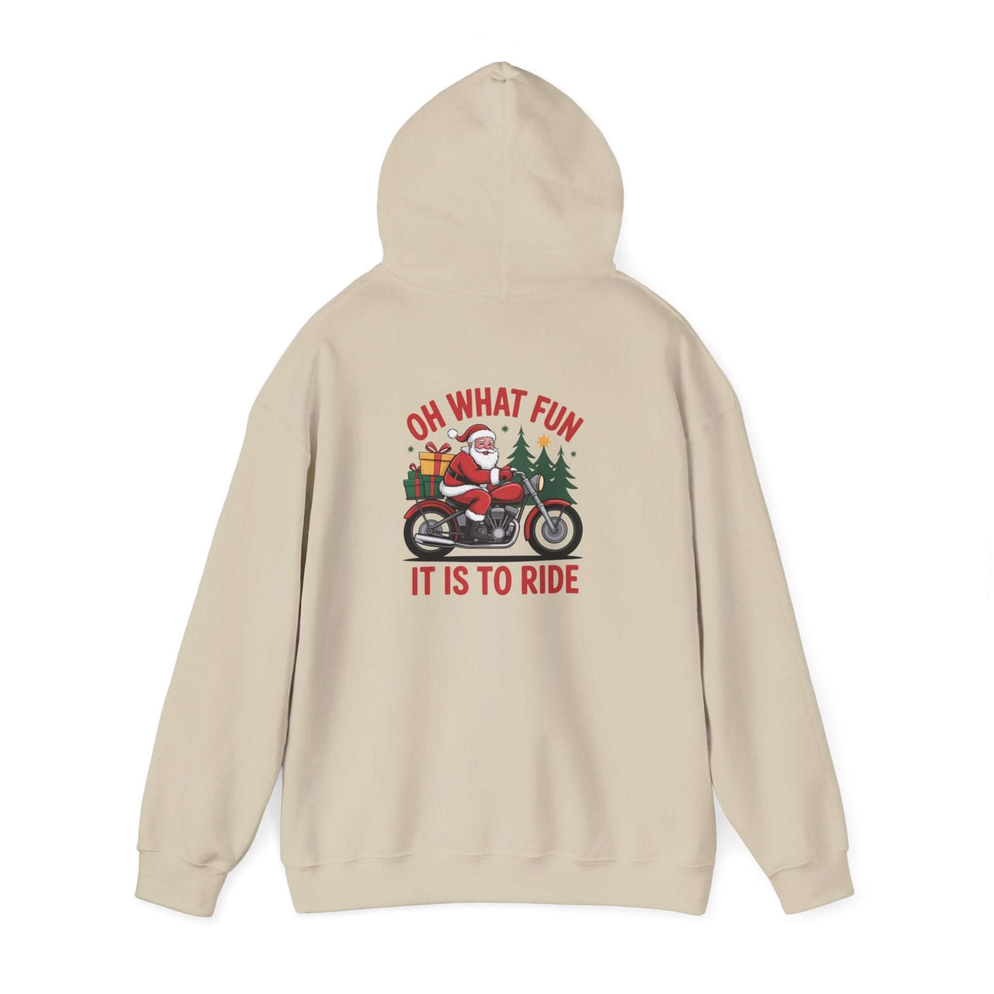 Santa motorcycle hoodie in black, featuring festive graphics, perfect for holiday celebrations and motorcycle enthusiasts.