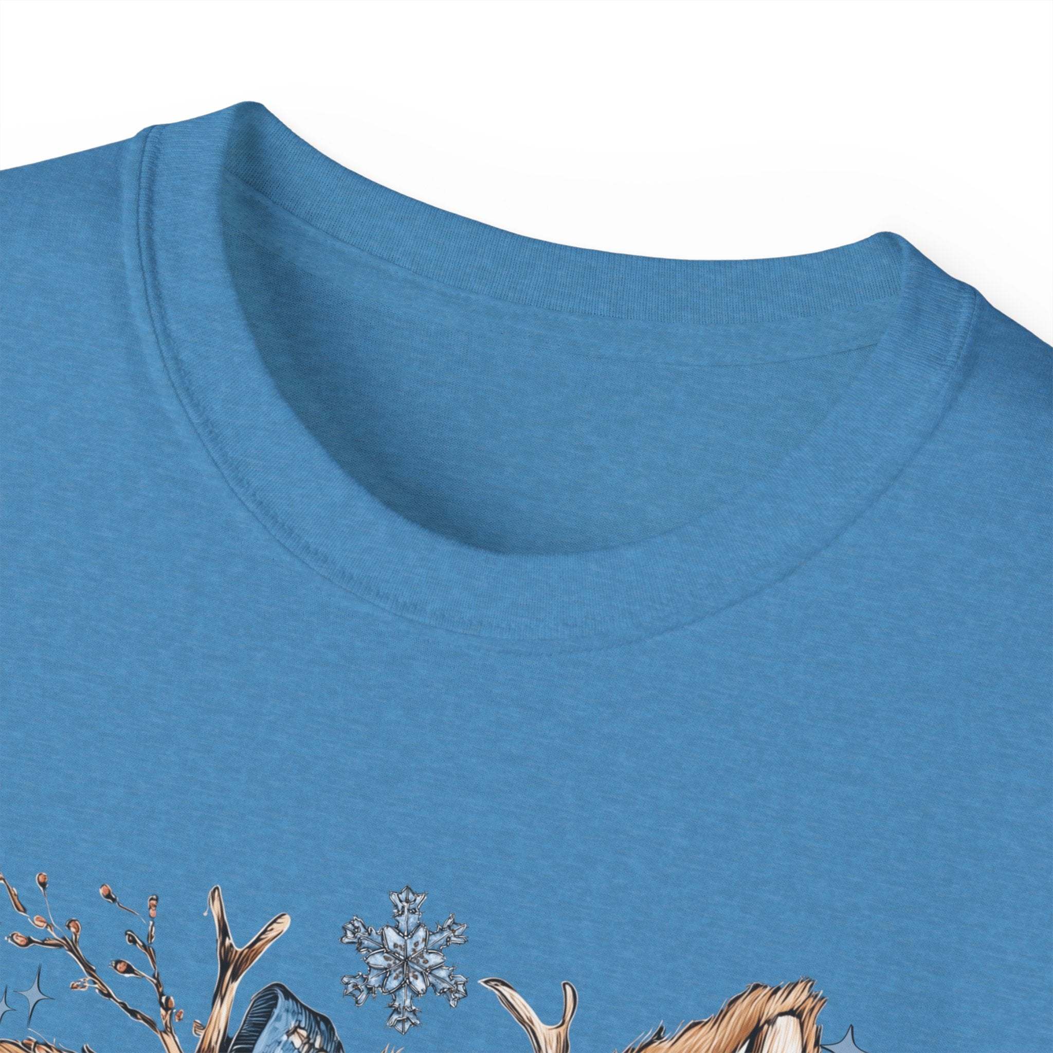 Blue Retro Patchwork Reindeer t-shirt with festive design on collar area