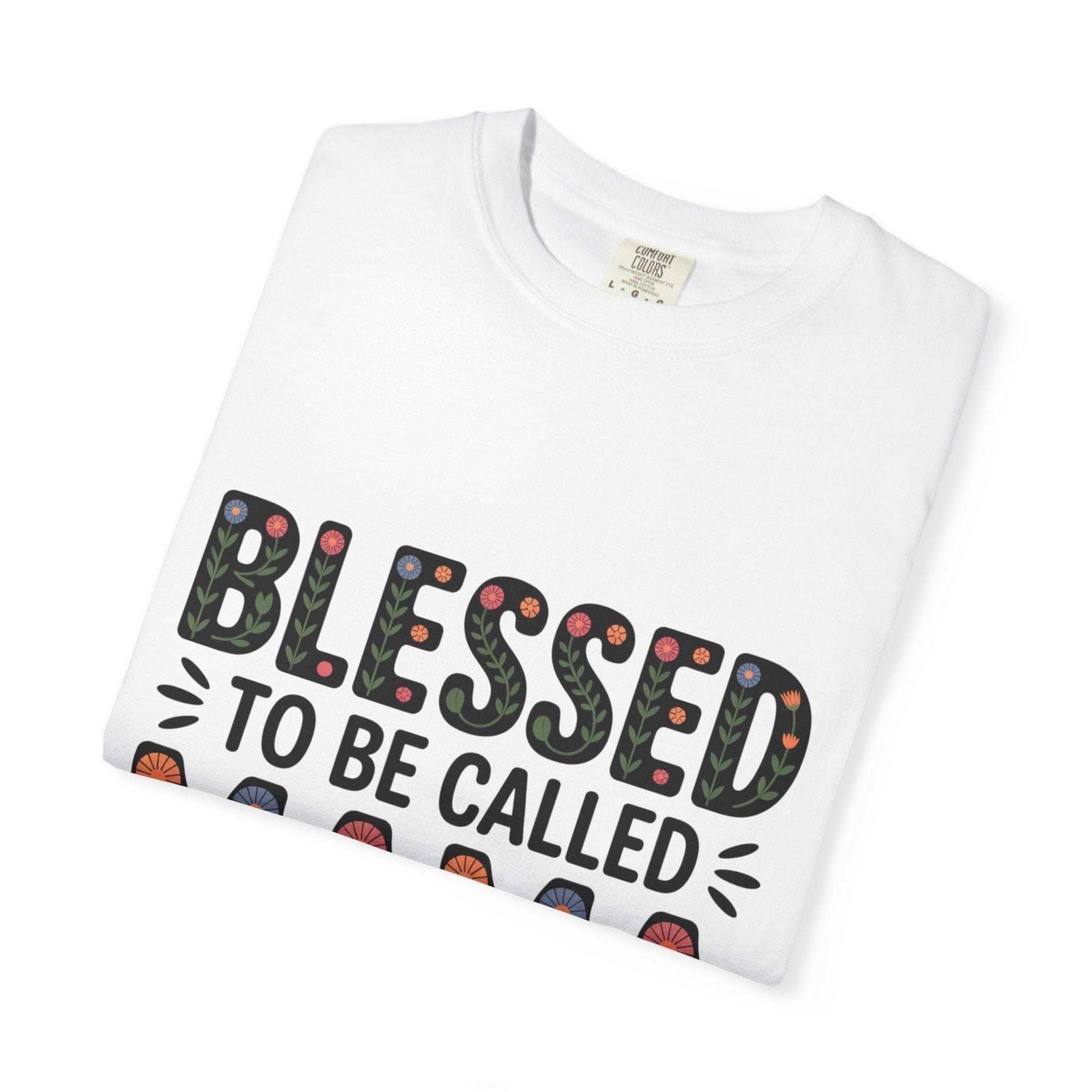 Soft floral lettering "Blessed To Be Called Mama" on vintage-wash cotton t-shirt celebrating motherhood