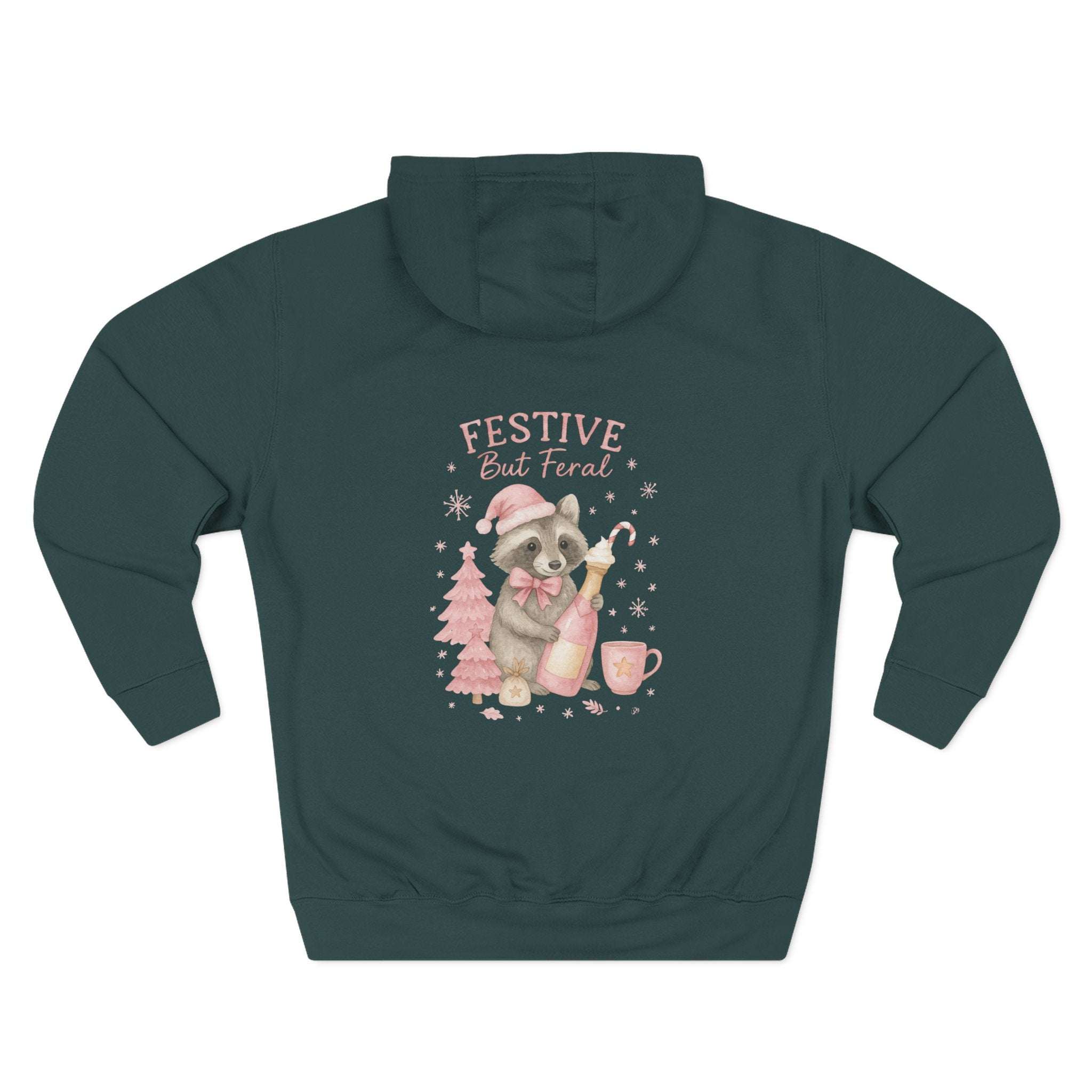Dark fleece hoodie with festive raccoon design and "Festive But Feral" text