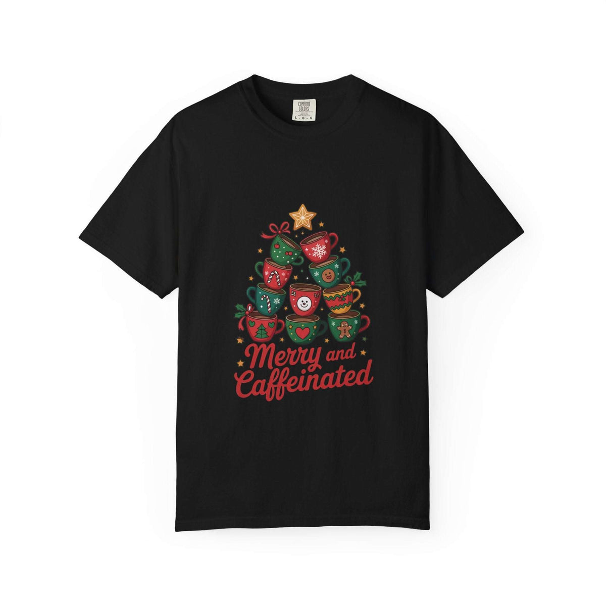 Black Merry and Caffeinated T-shirt with festive coffee cup tree design and red text