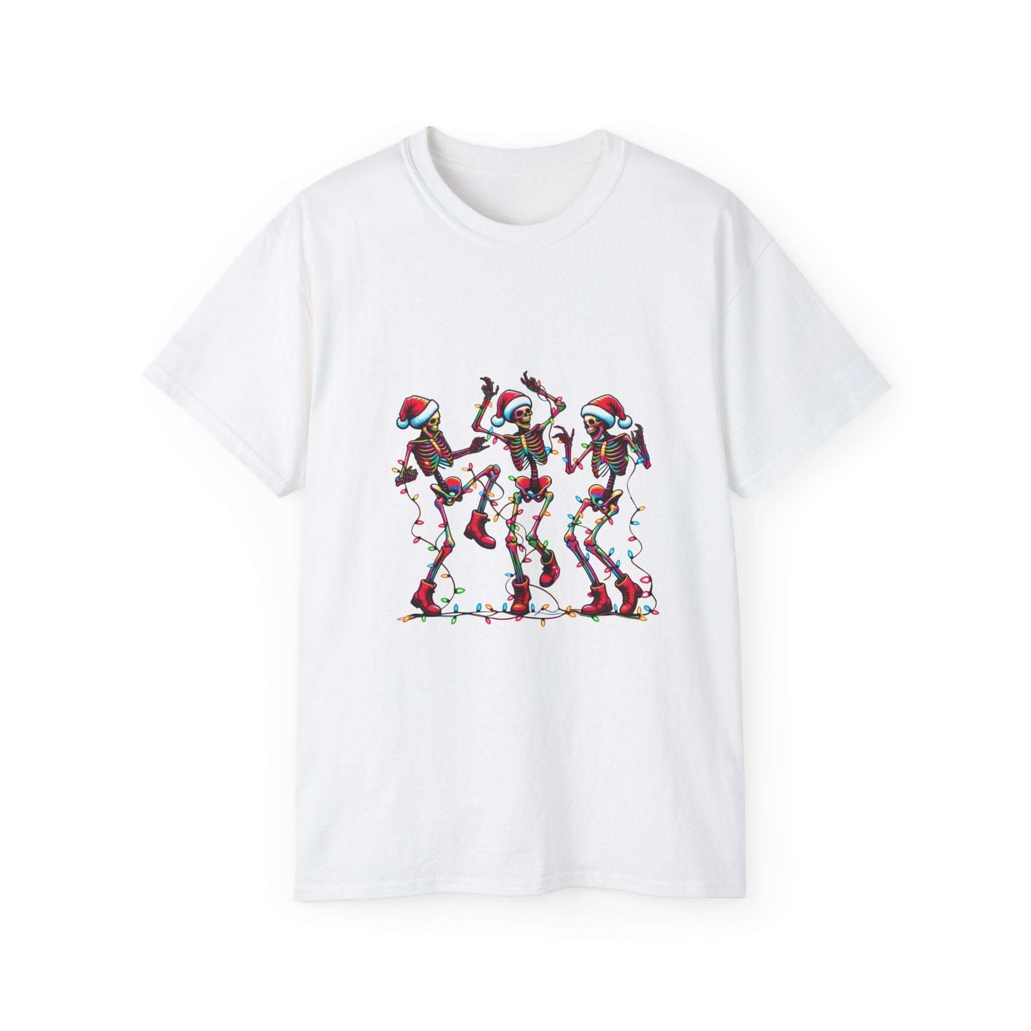 White Christmas Dancing Skeletons Tee with festive skeletons wearing Santa hats and wrapped in holiday lights dancing
