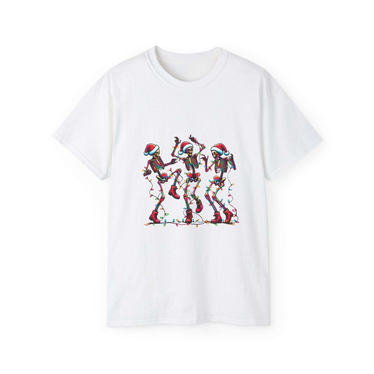 White Christmas Dancing Skeletons Tee with festive skeletons wearing Santa hats and wrapped in holiday lights dancing