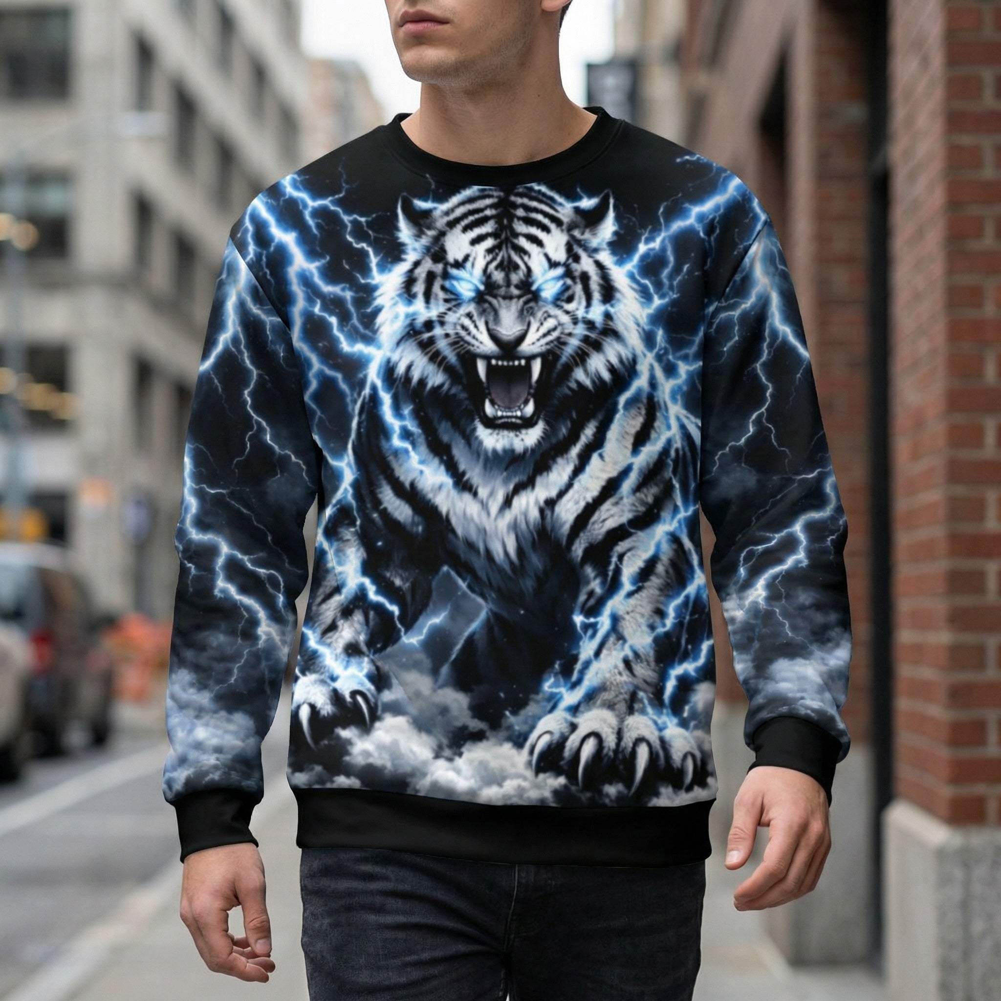 Electric Tiger Lightning Sweatshirt, Gothic Streetwear Pullover