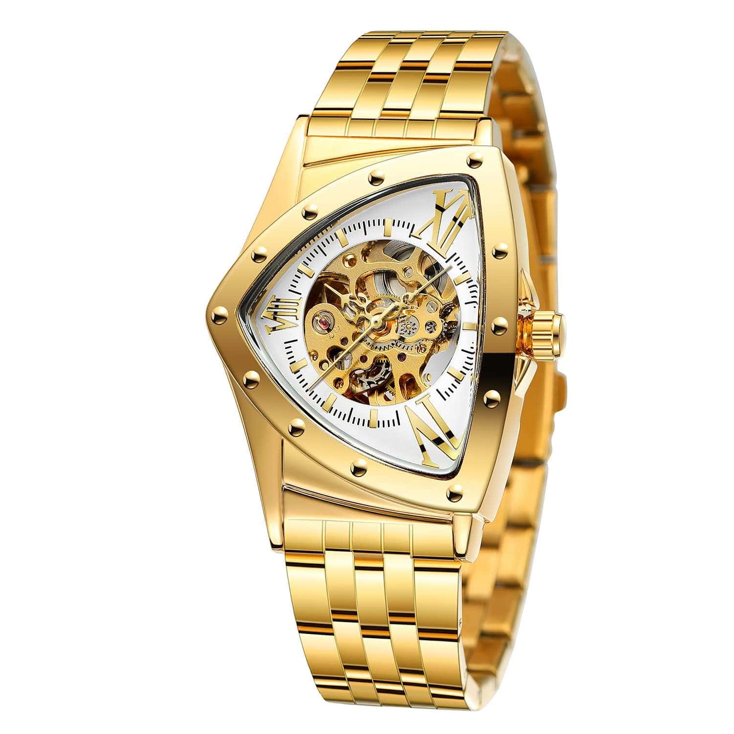 Mens gold skeleton watch with intricate dial and elegant gold finish