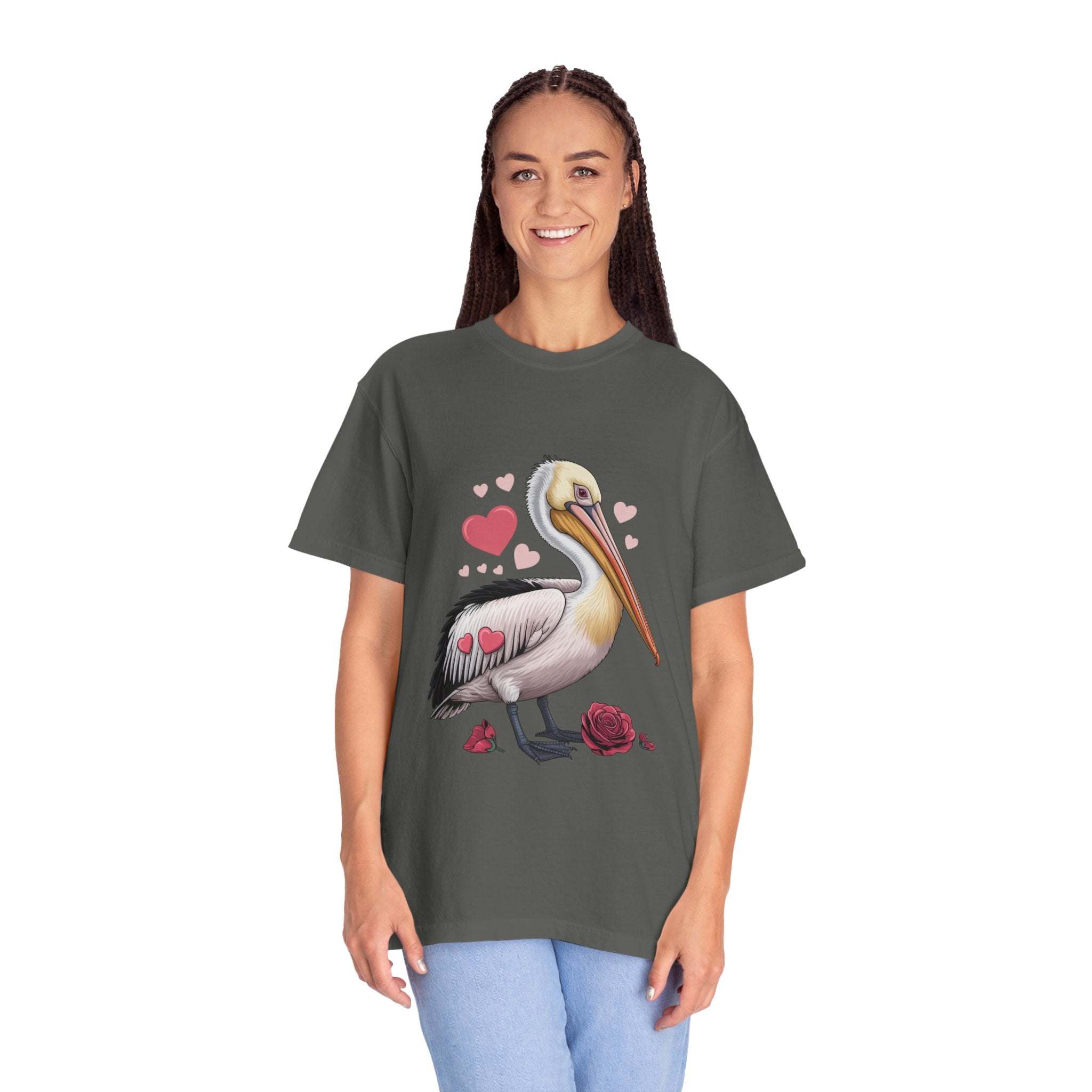 Valentine Pelican Hearts T-Shirt with vintage coastal design and relaxed fit