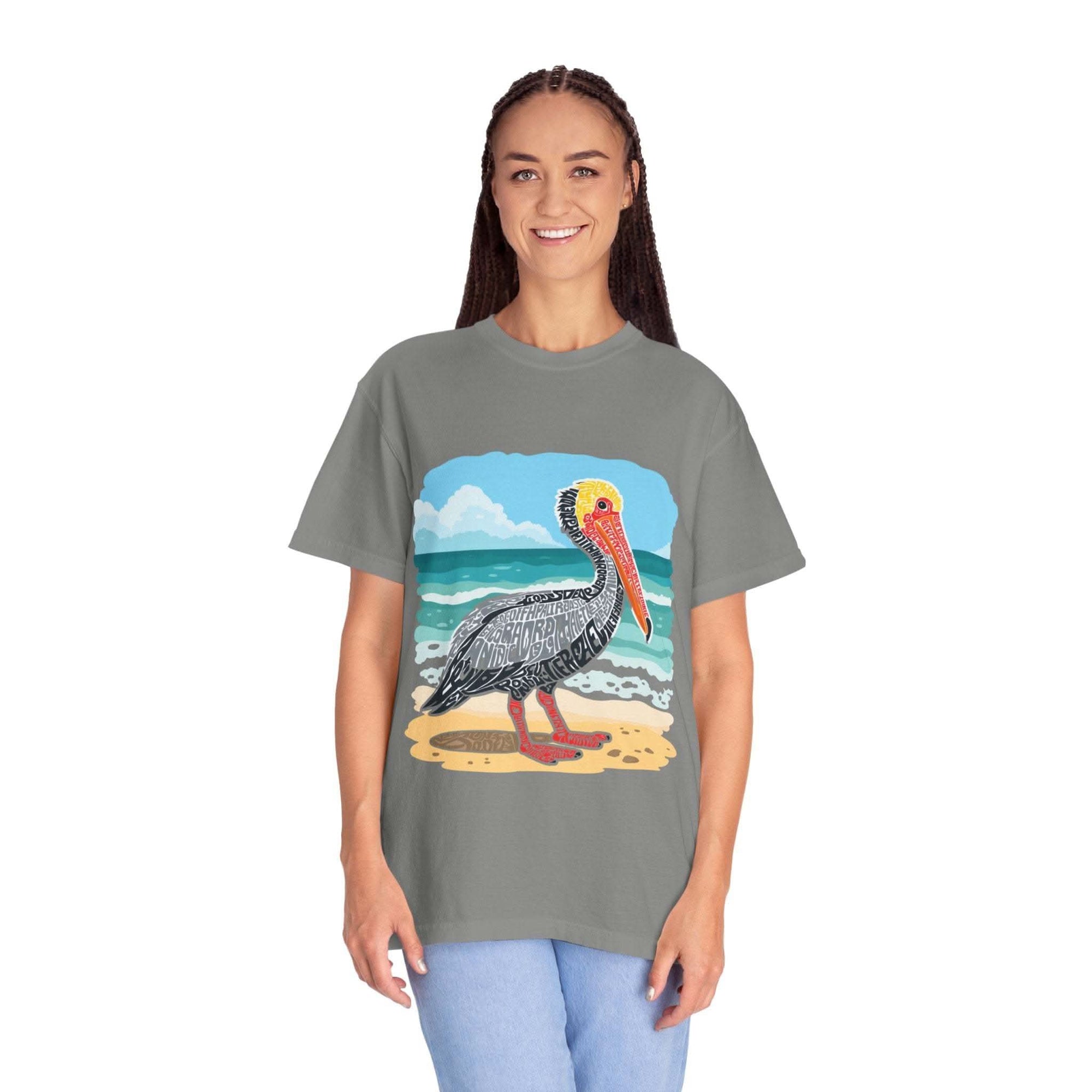 Vintage pelican letter poster graphic on soft coastal t-shirt