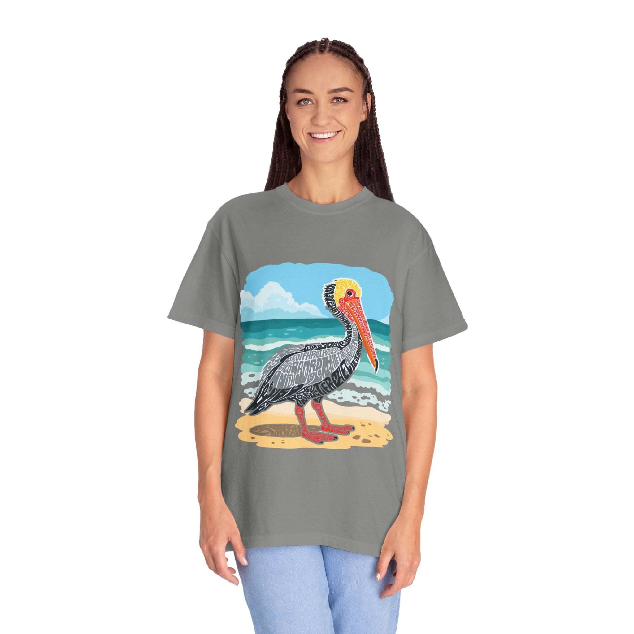 Vintage pelican letter poster graphic on soft coastal t-shirt