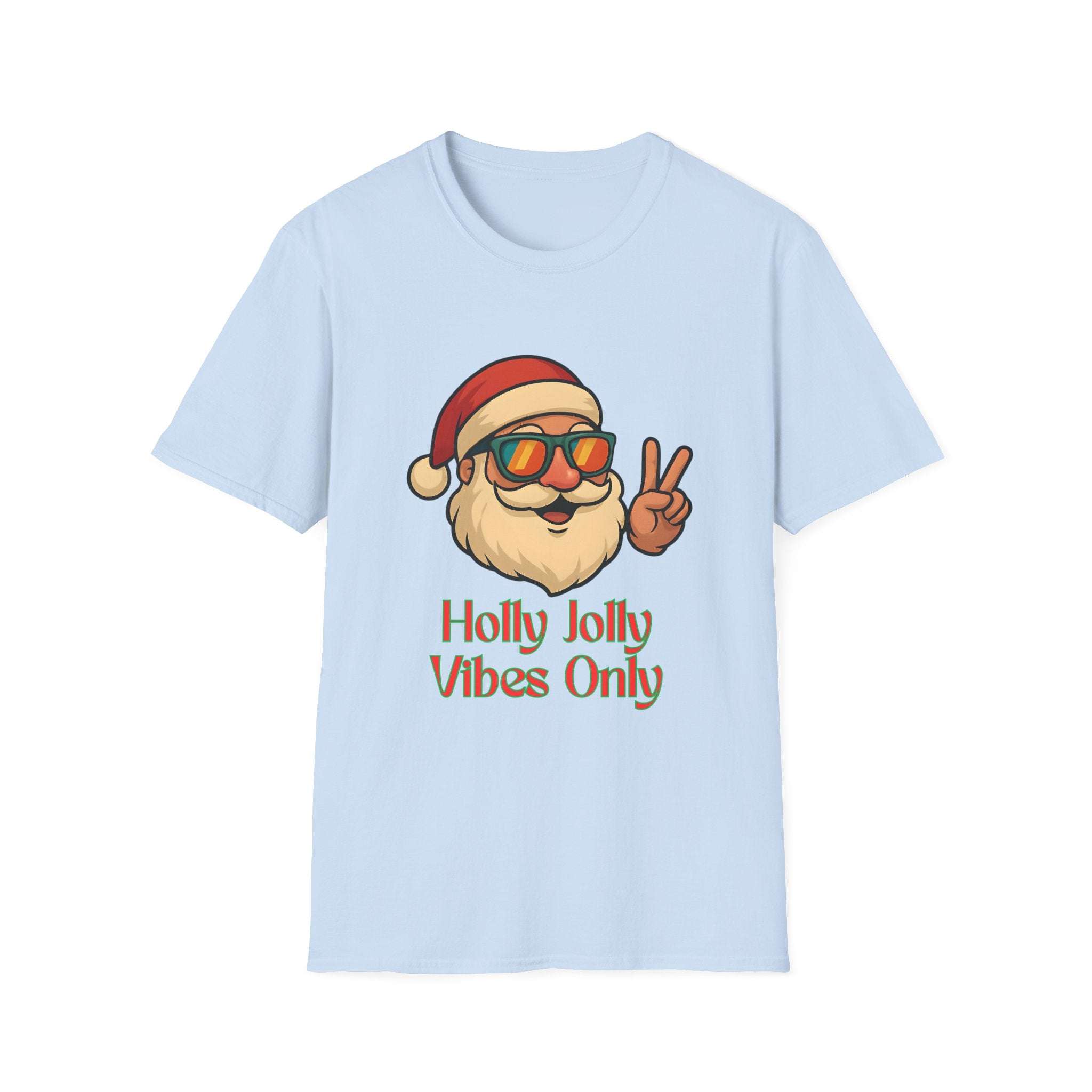 Light blue Christmas t-shirt with 'Holly Jolly Vibes Only' graphic, made by Printify, suitable for festive occasions.