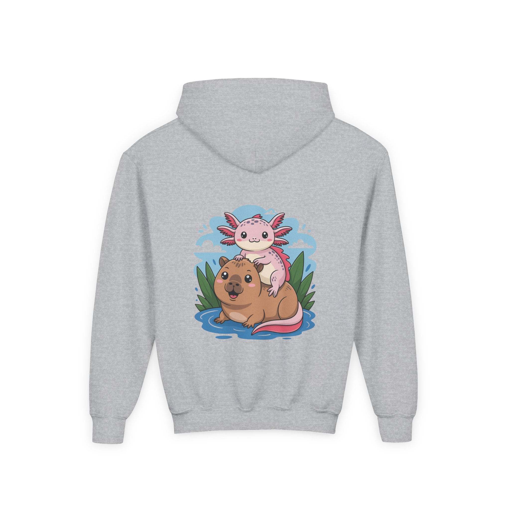 Youth hoodie with axolotl and capybara design in soft cotton-poly blend