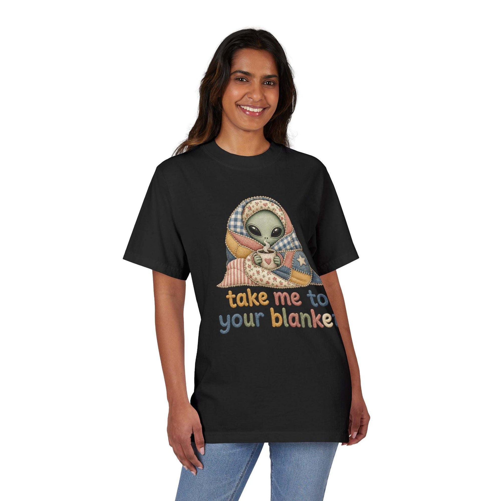 Alien in Blanket T-Shirt — "Take Me to Your Blanket" Cozy Graphic Tee