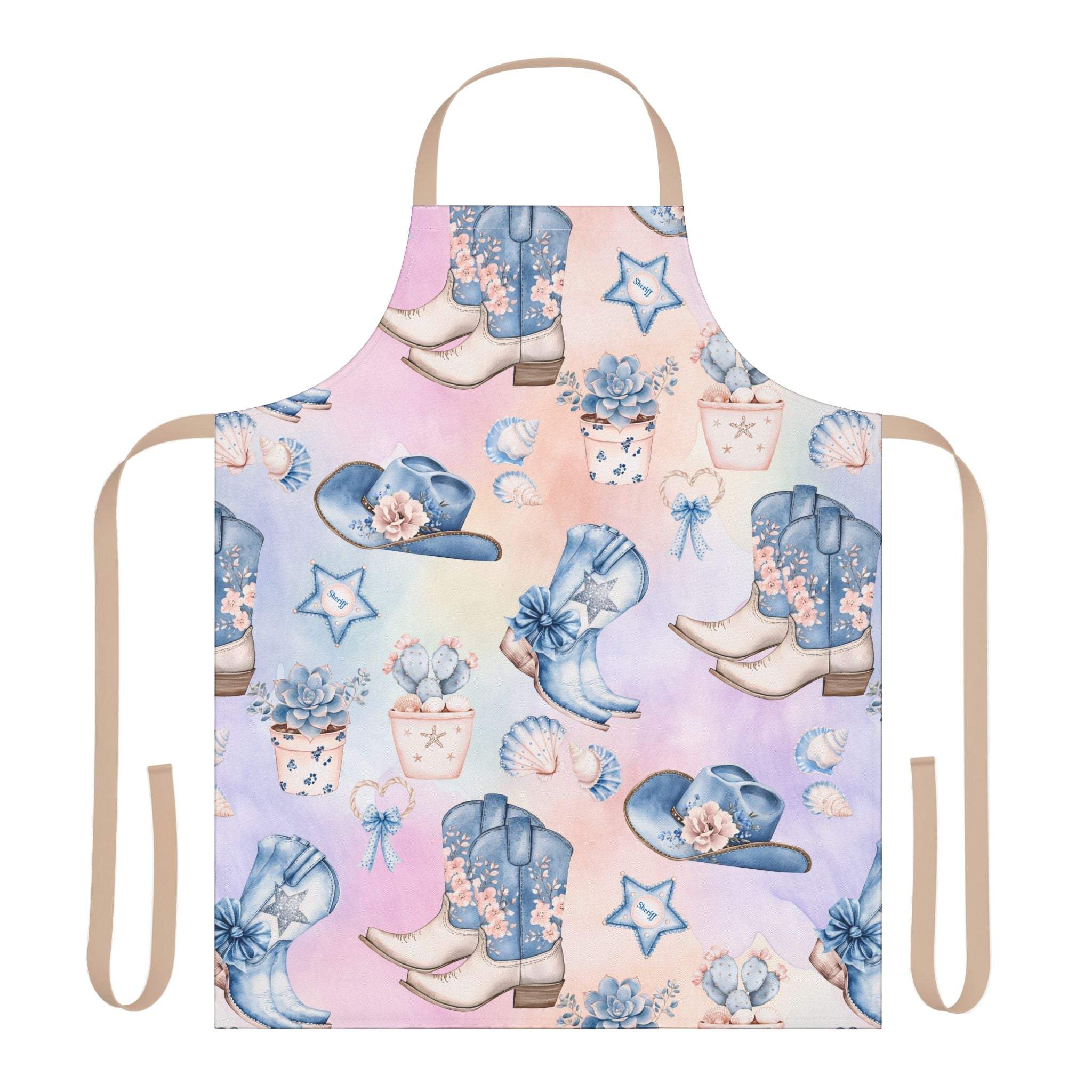 Pastel Coastal Cowgirl apron with colorful boots, hats, and floral designs on soft polyester canvas with tie-back straps