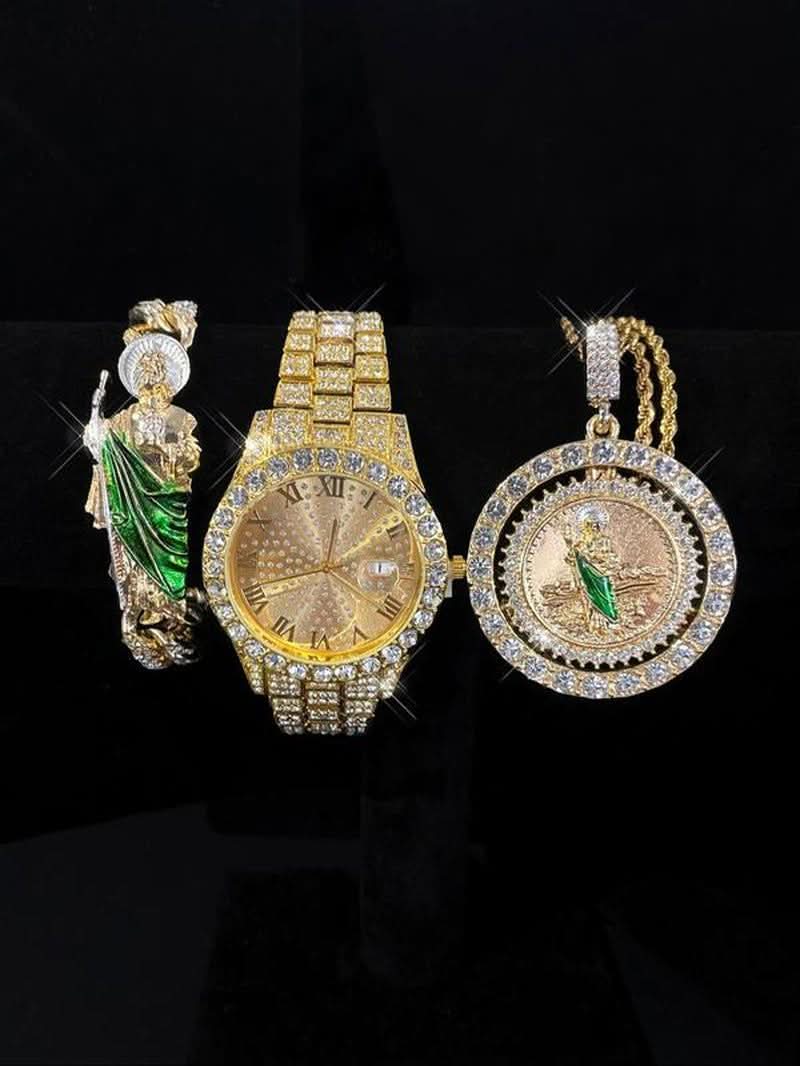 Luxury watch and jewelry set featuring elegant gold and diamond pieces