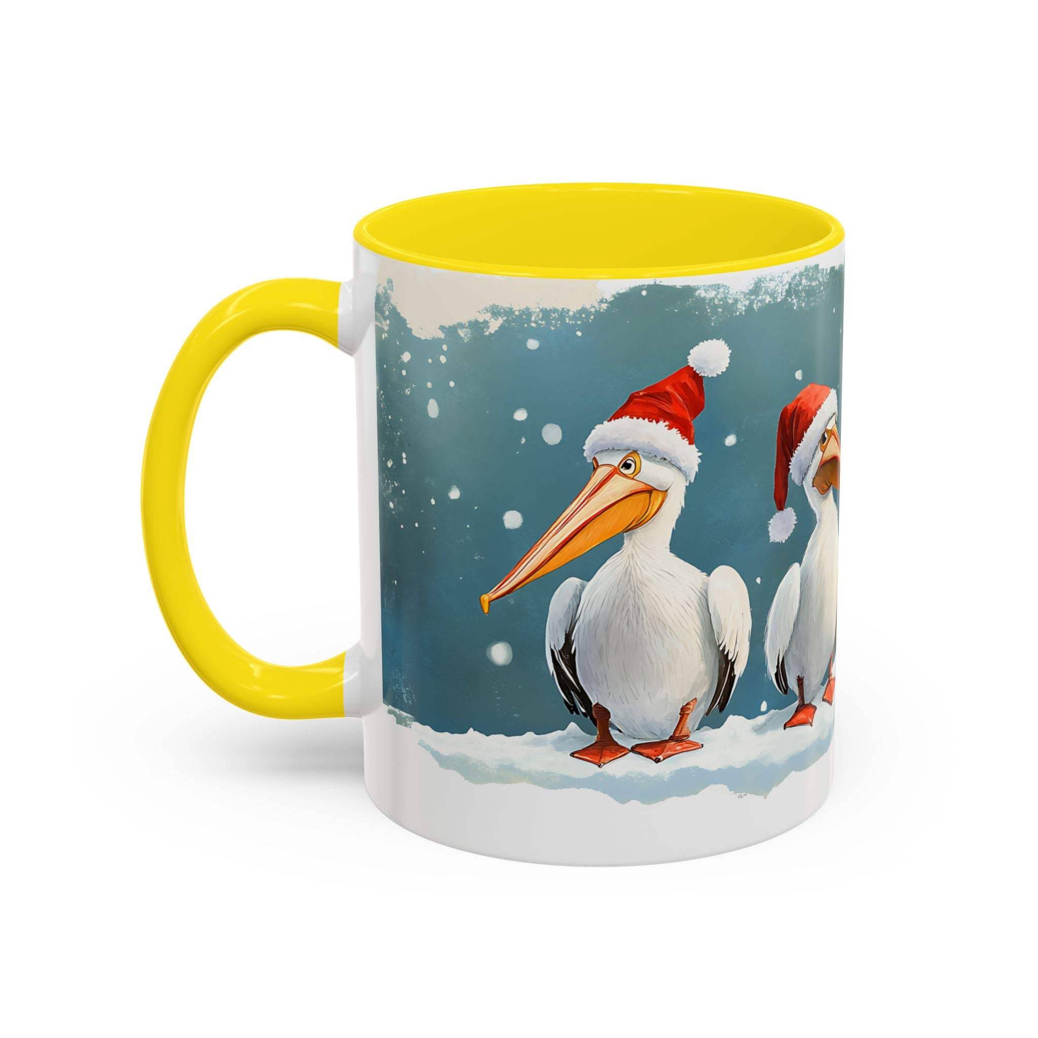 Mug with Christmas-themed design of pelicans wearing Santa hats on a snowy background.