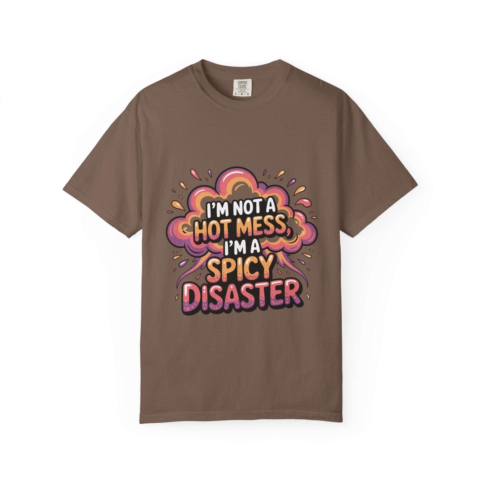 Black garment-dyed unisex t-shirt featuring 'Spicy Disaster' graphic design