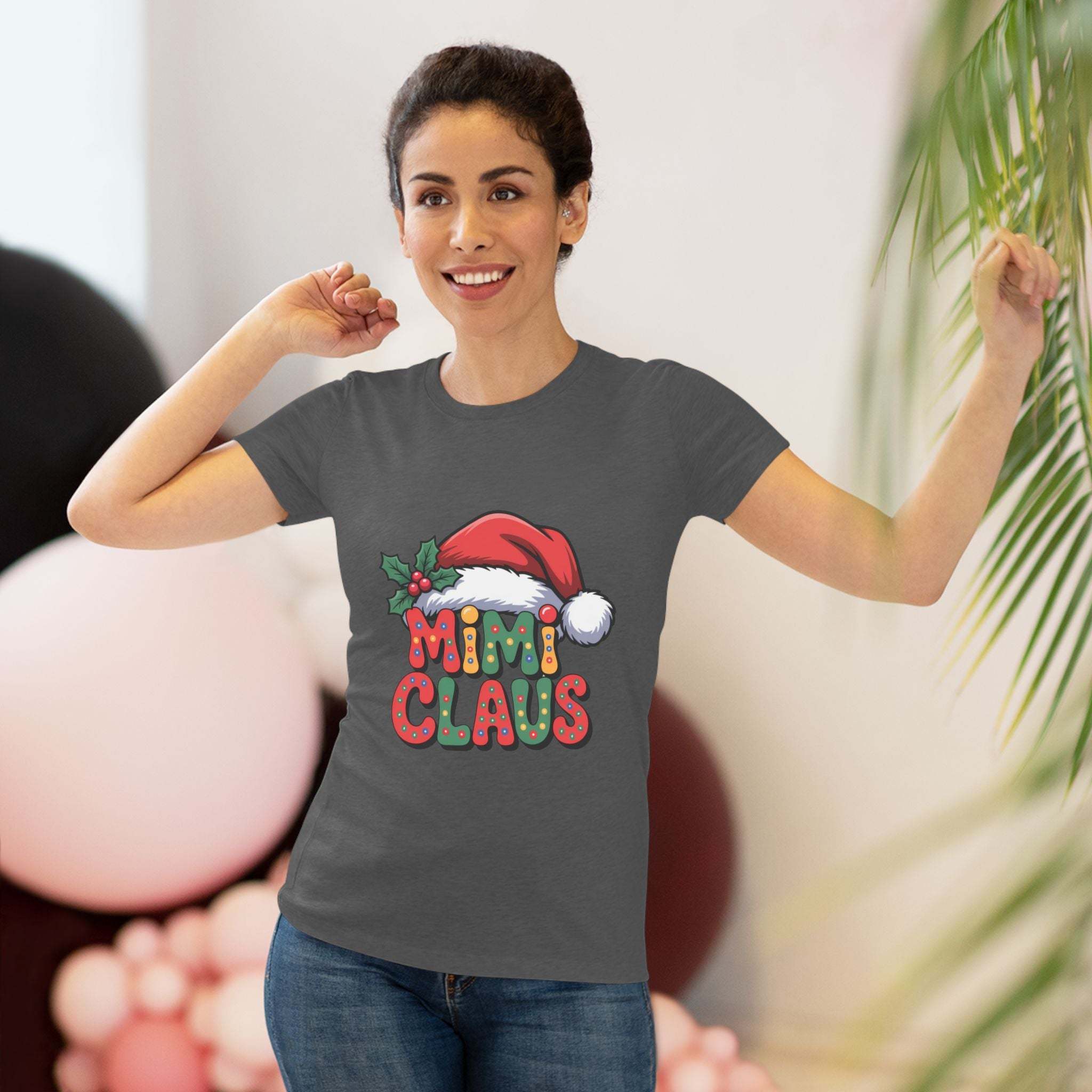 Women T-shirt with festive Mimi Claus design and Santa hat in soft triblend fabric for Christmas holiday