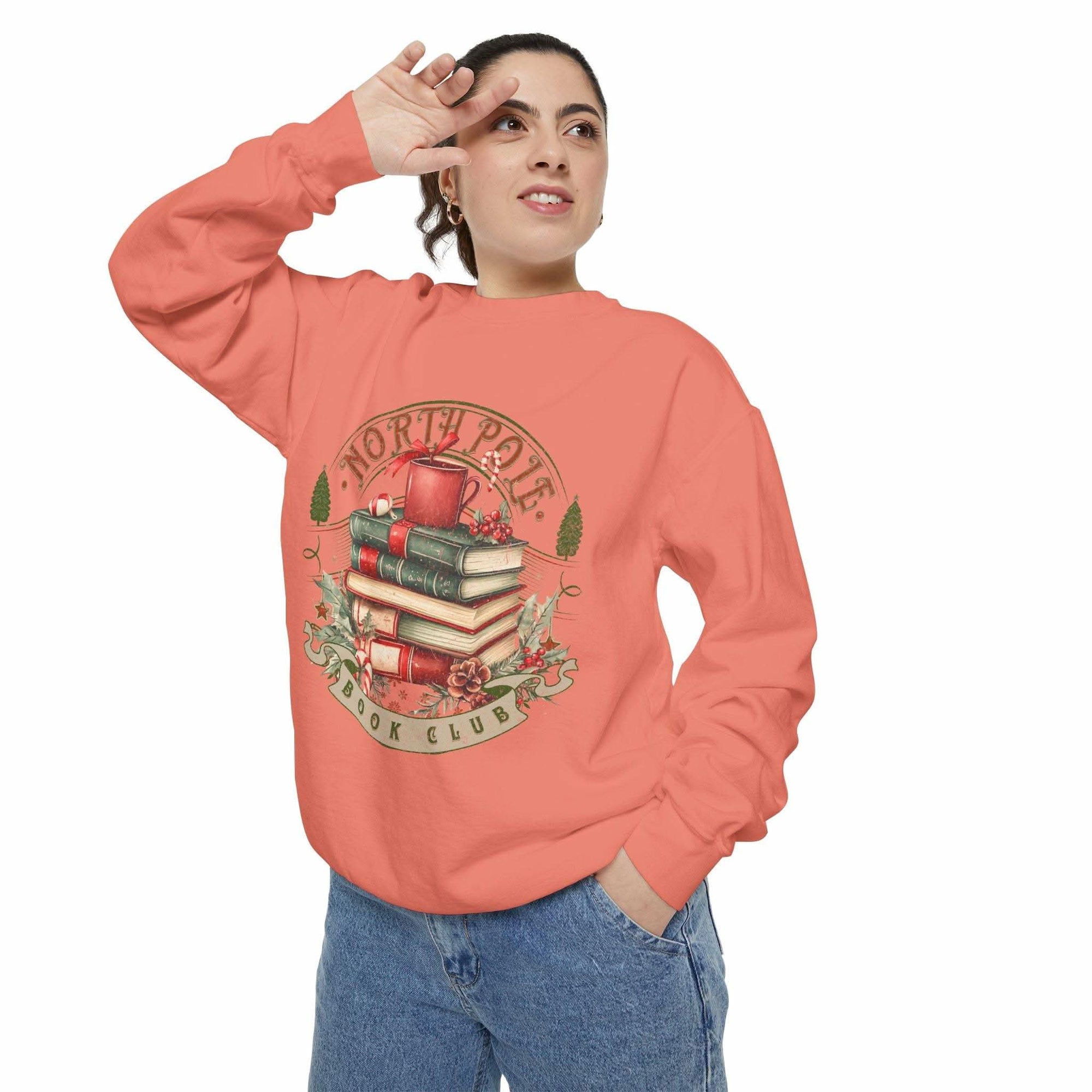 Vintage North Pole Book Club sweatshirt with cozy book and mug design in soft cotton blend
