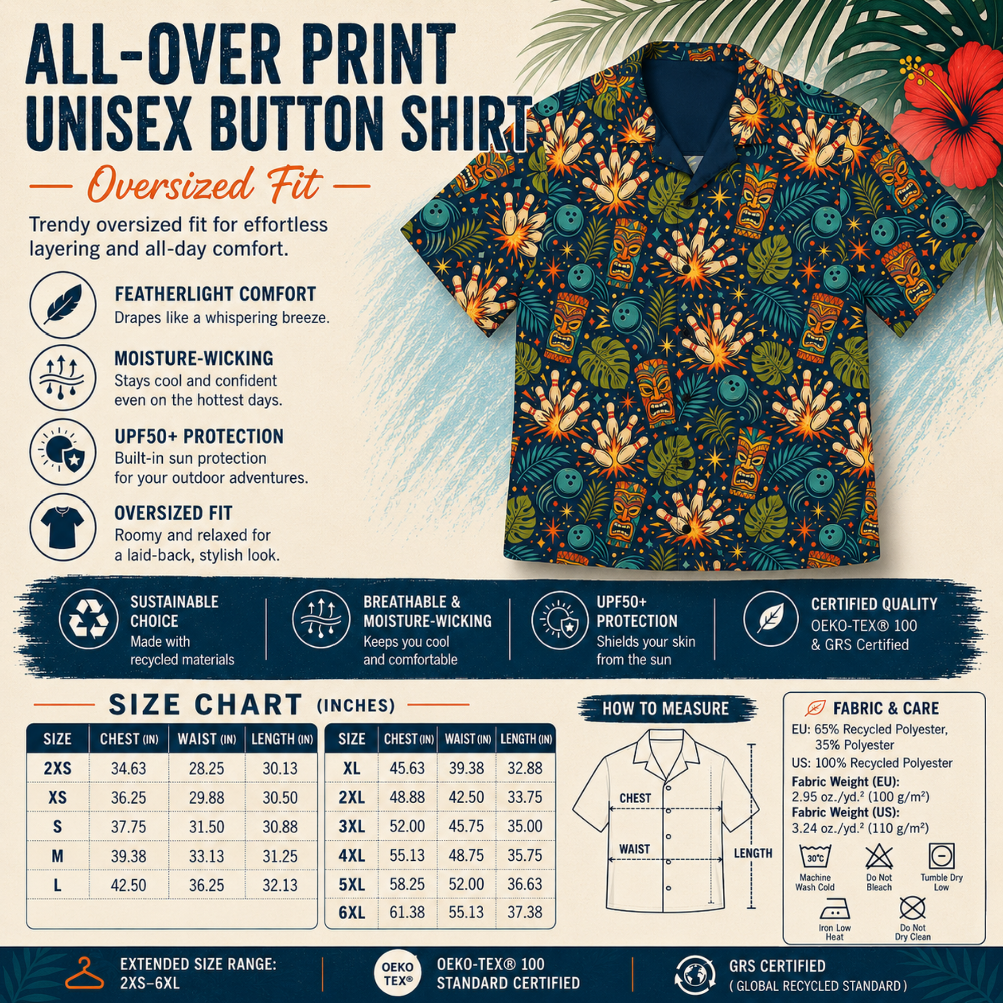Navy tropical bowling Hawaiian shirt with tiki masks, bowling pins, and jungle leaves print, camp collar, and button down