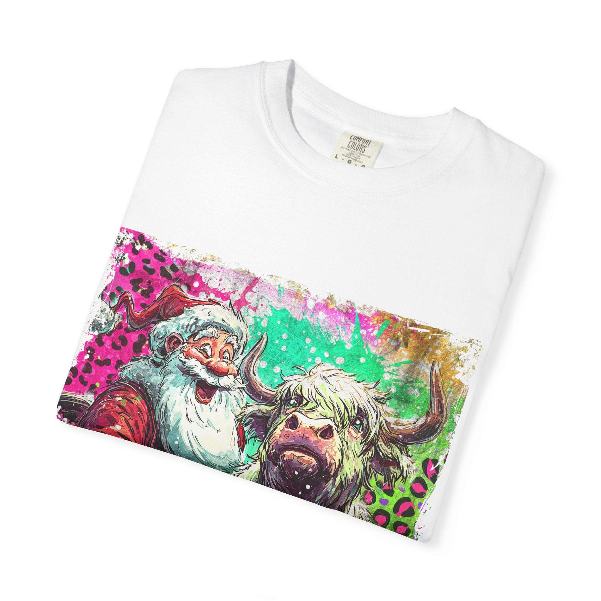 Retro Santa and Highland Cow graphic on a black t-shirt by Printify, perfect for festive holiday wear.