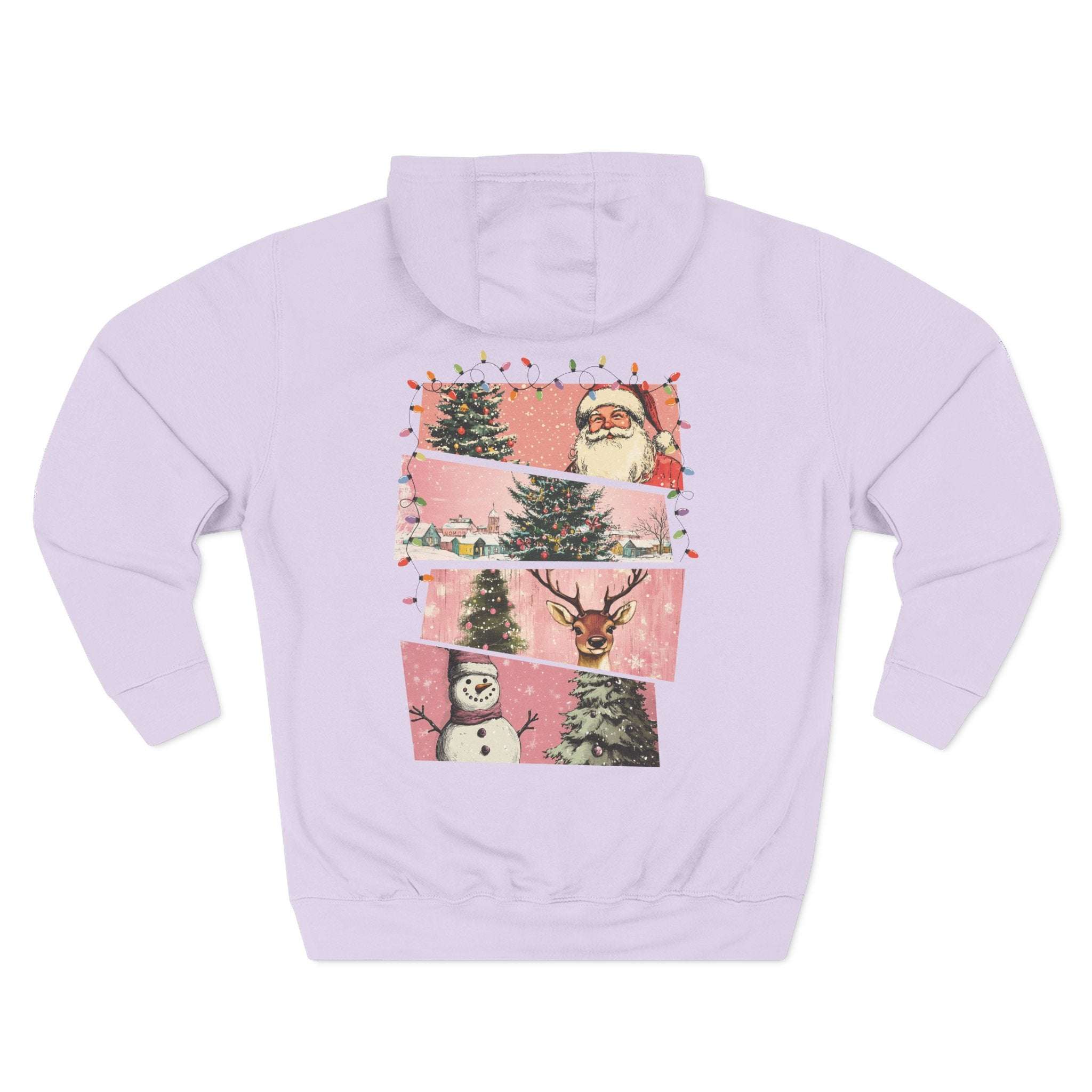 Pink fleece hoodie with Christmas watercolor swatches featuring Santa, reindeer, snowman, and holiday lights design