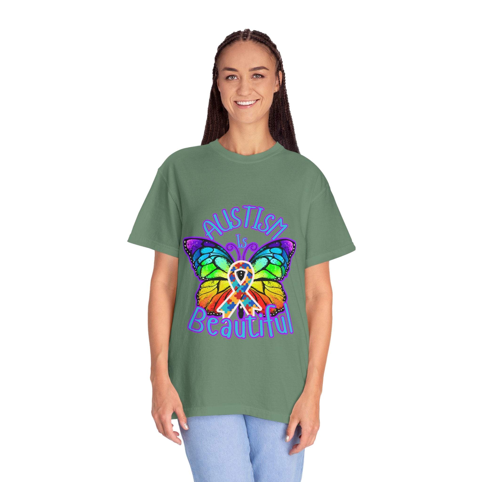 Unisex green Autism is Beautiful T-shirt with colorful butterfly and autism awareness ribbon design
