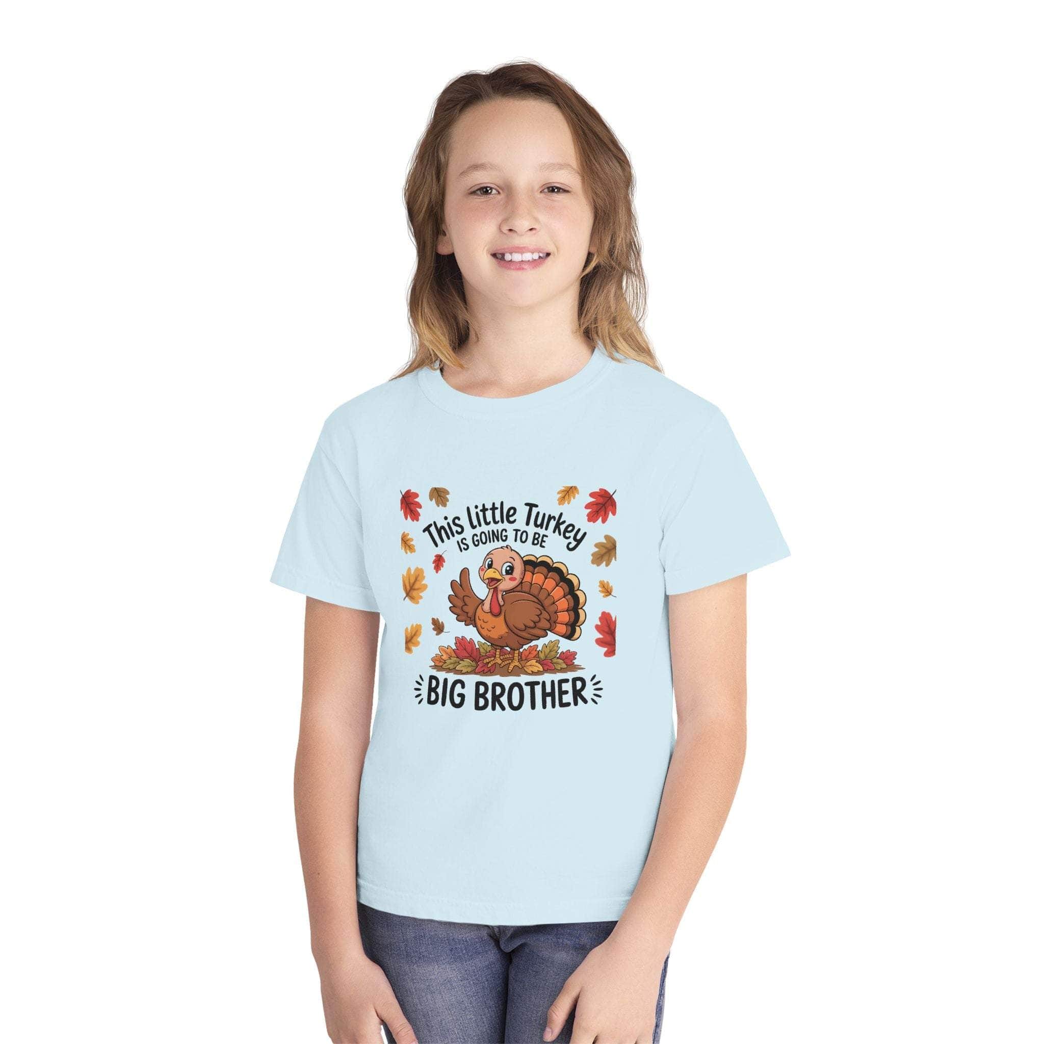 Youth tee big brother Thanksgiving announcement shirt with turkey and fall leaves design