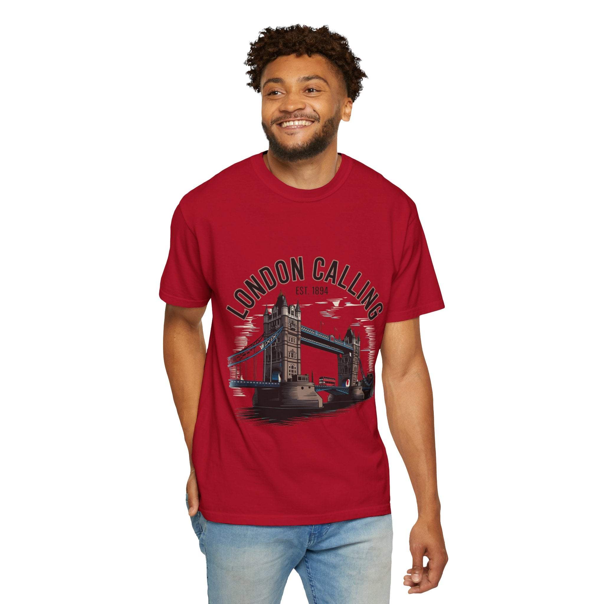 Unisex red London Calling Travel T-shirt with London Tower Bridge graphic, garment-dyed and relaxed fit