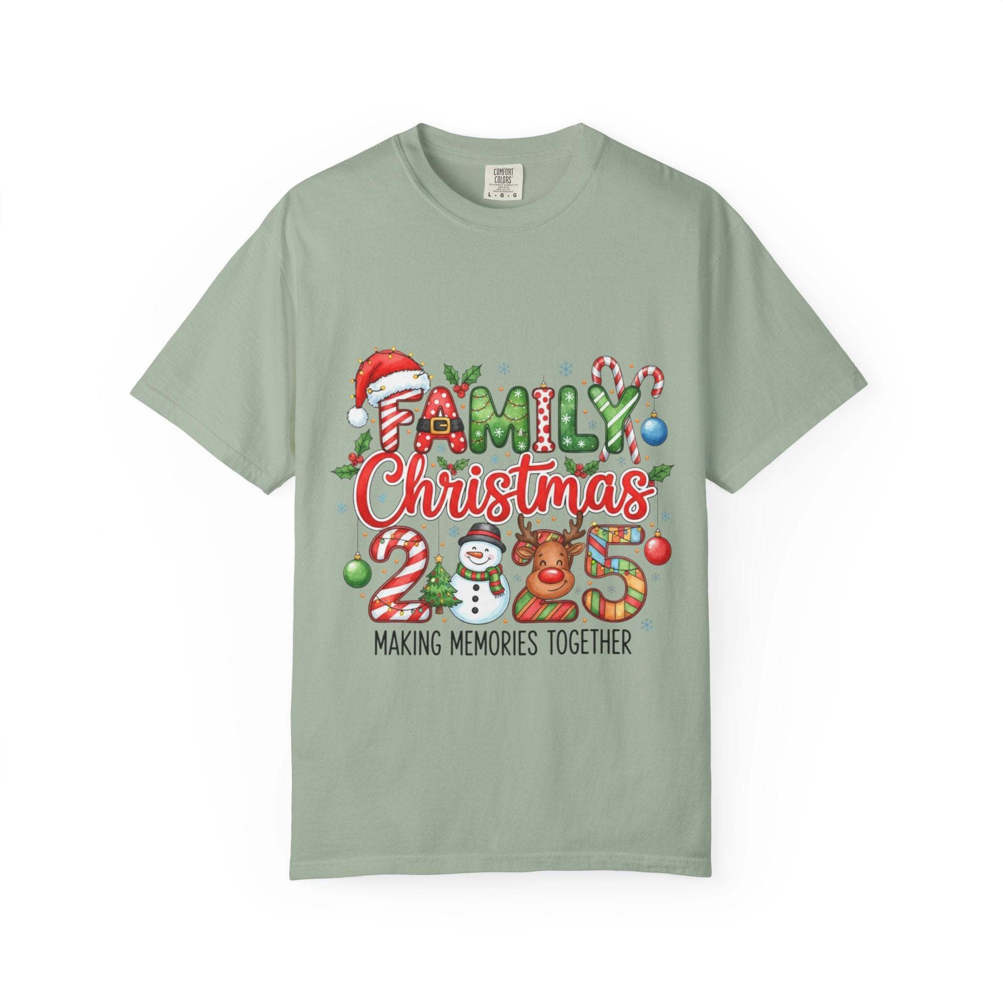 Garment-dyed red T-shirt for family Christmas 2025 by Printify, featuring a festive design