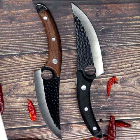 TeninoVentures butcher knife set in black sheath, including professional boning and meat cutting knives.