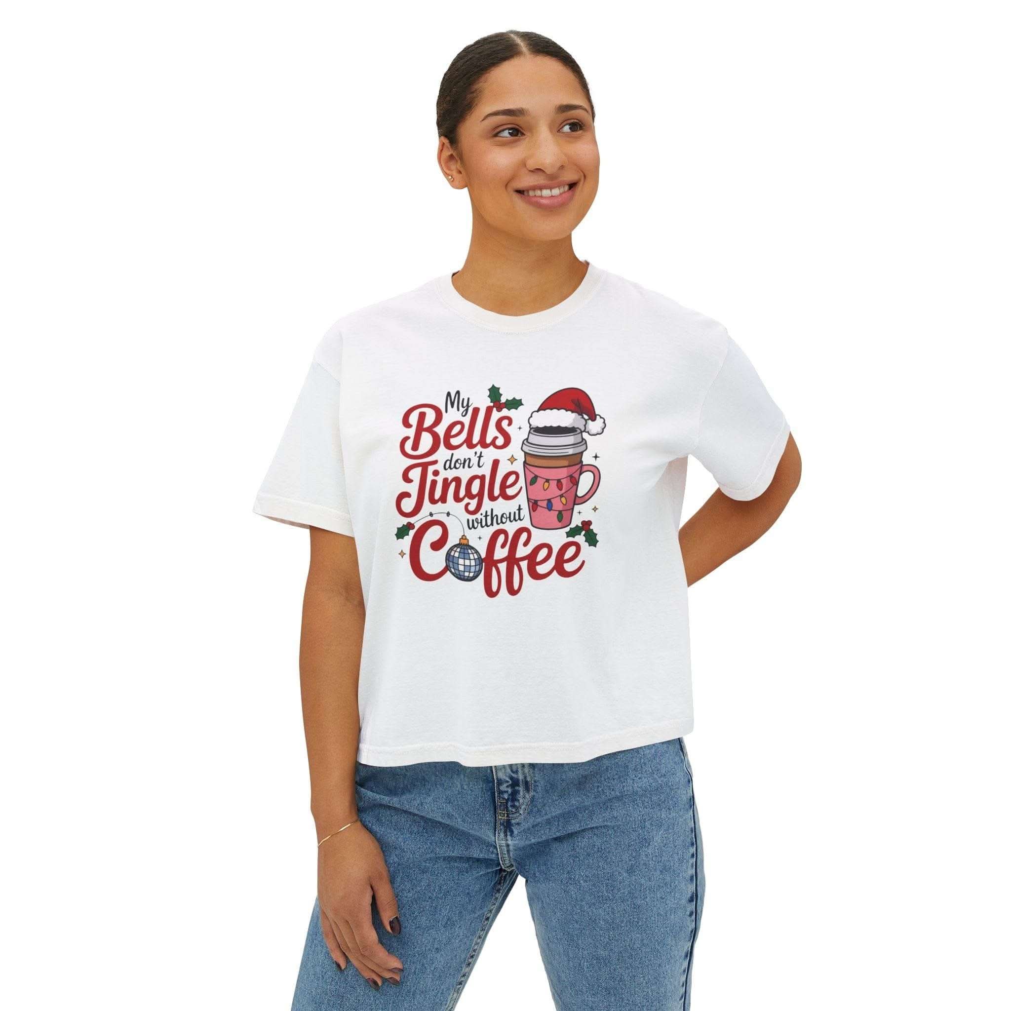Women's boxy tee with "My Bells Don't Jingle Without Coffee" festive coffee-themed design