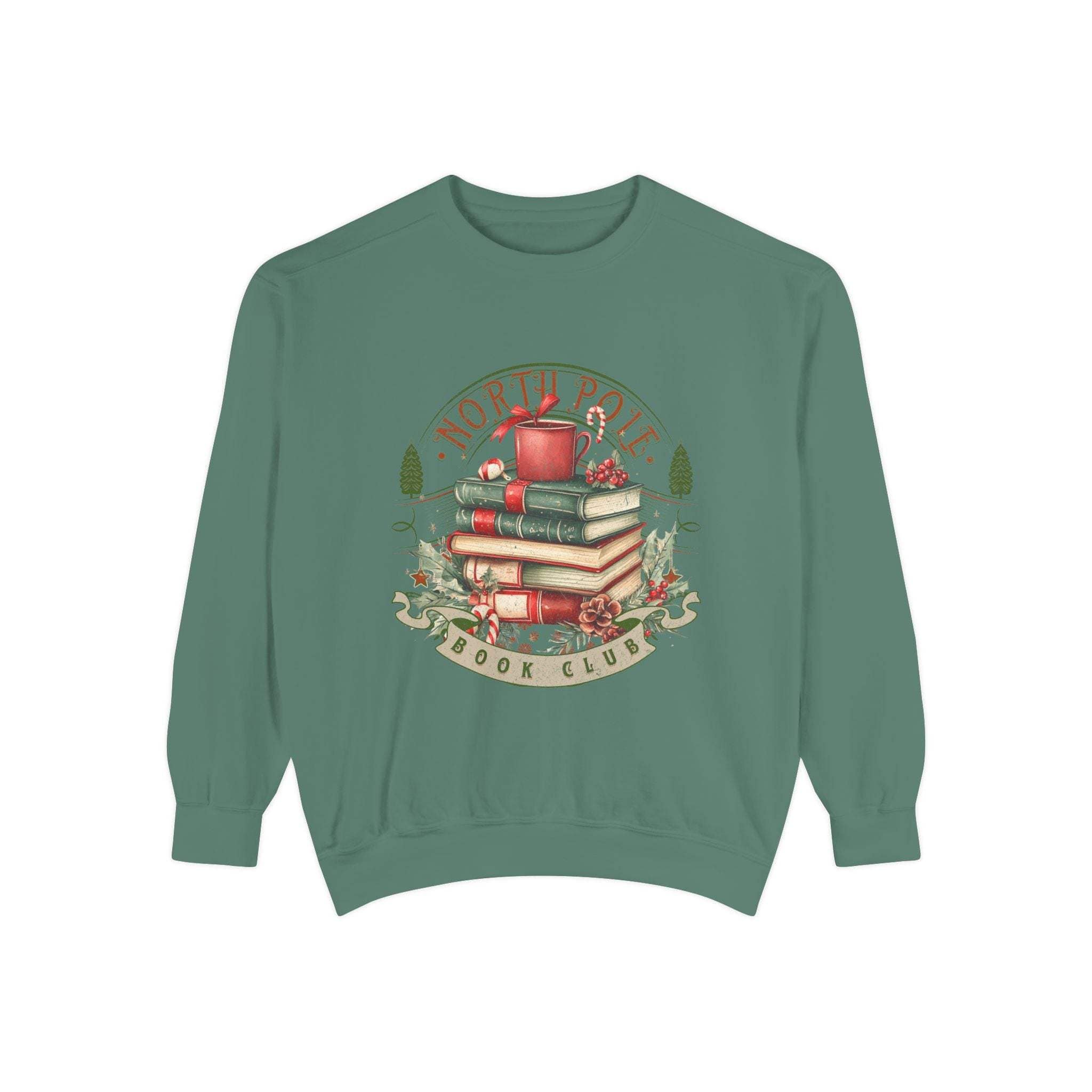 Vintage North Pole Book Club sweatshirt with book stack and holiday design in soft cotton blend