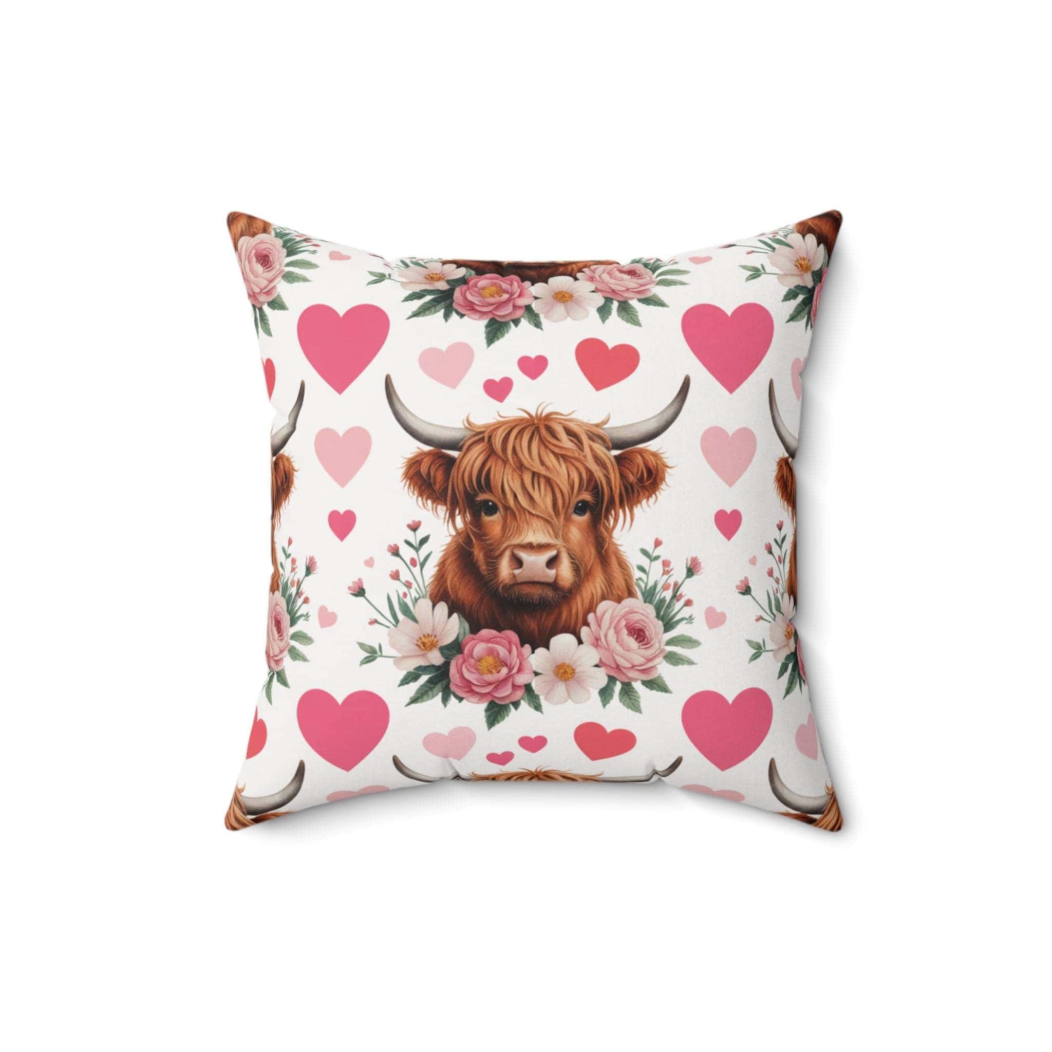 Floral Valentine Highland cow pillow with muted beige tones and delicate blossoms for rustic decor