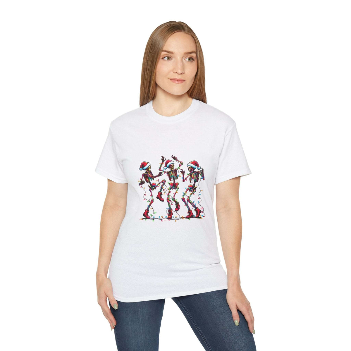 White Christmas Dancing Skeletons t-shirt by Printify, festive design perfect for holiday celebrations