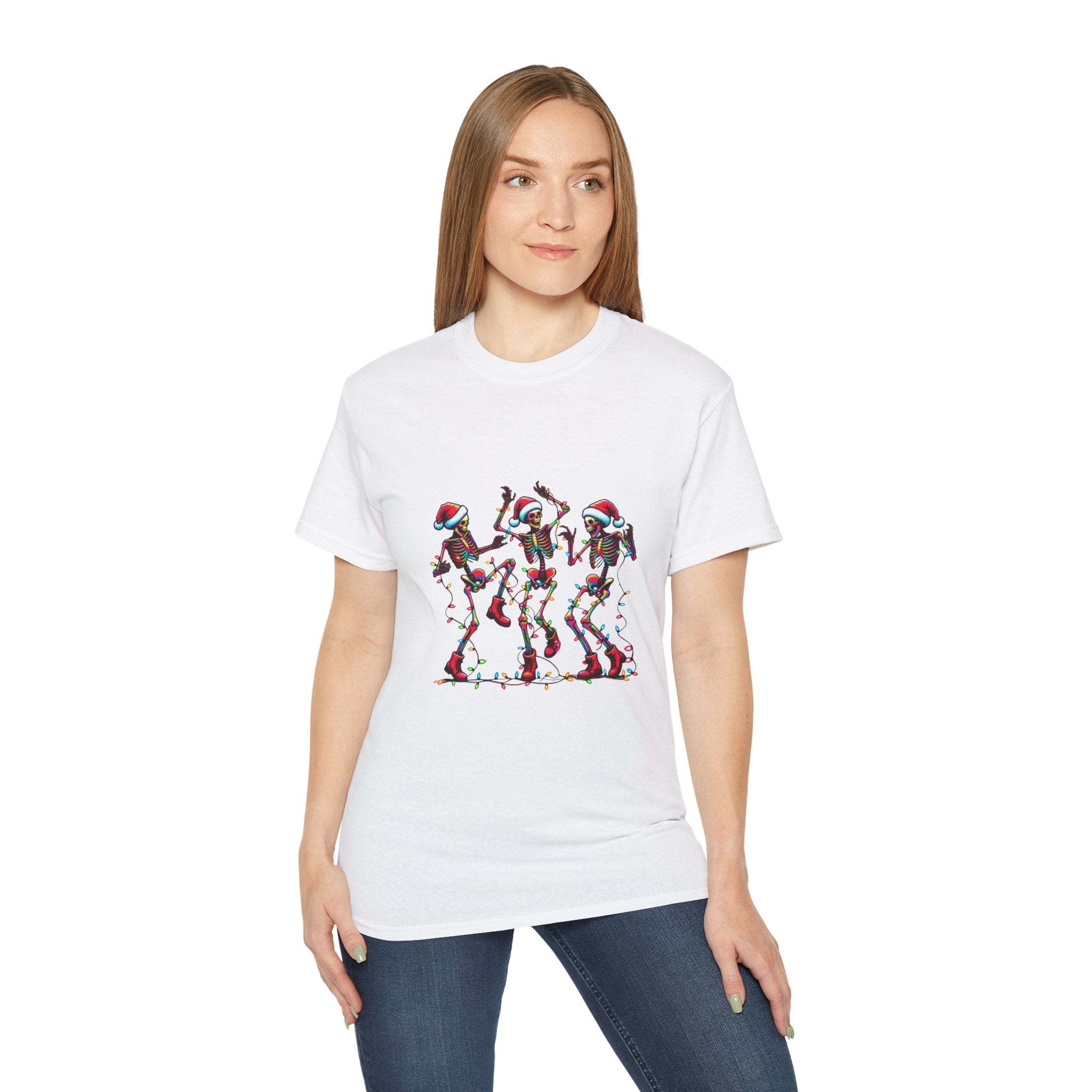 White Christmas Dancing Skeletons t-shirt by Printify, festive design perfect for holiday celebrations