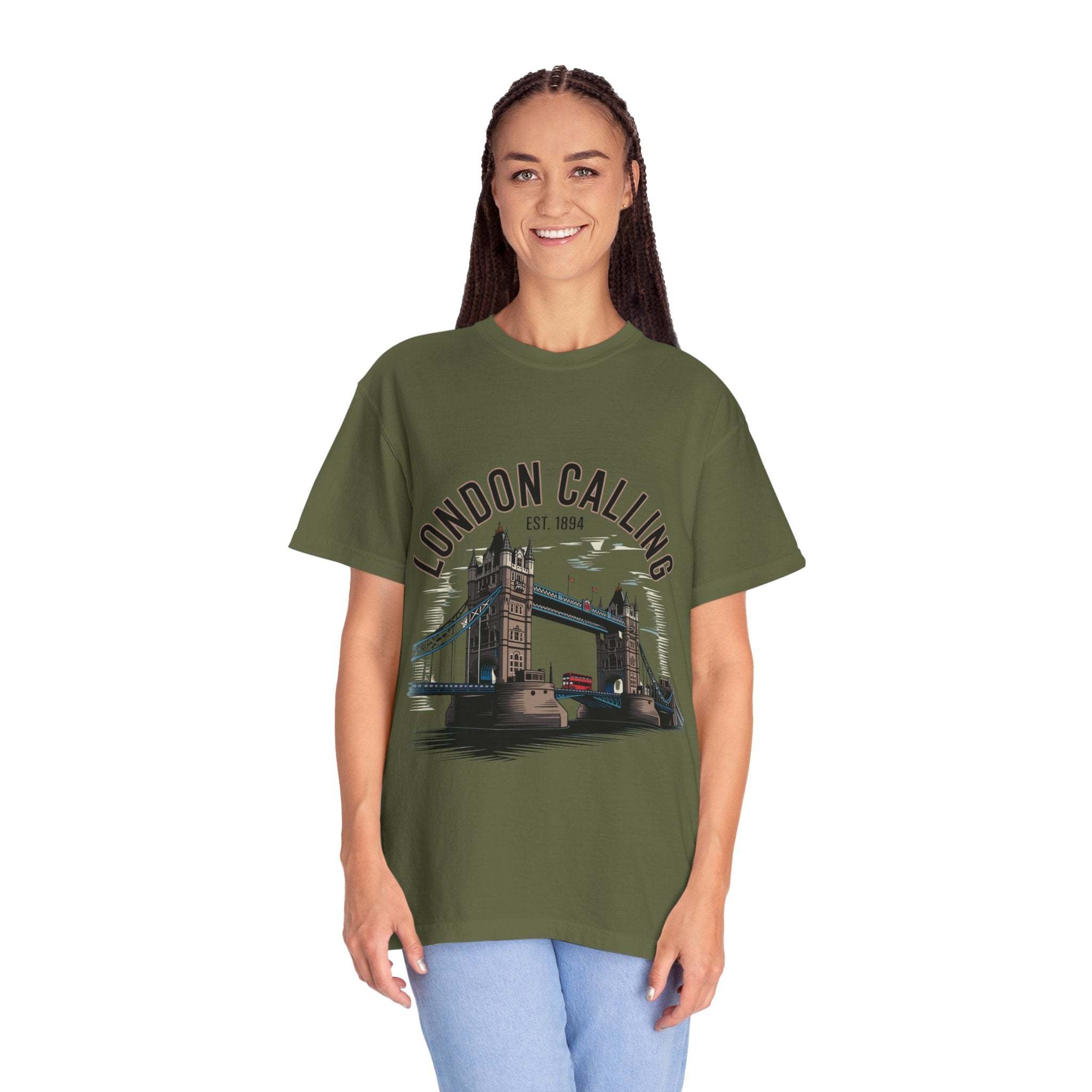 Unisex London Calling Travel T-shirt in olive green with Tower Bridge graphic and relaxed fit
