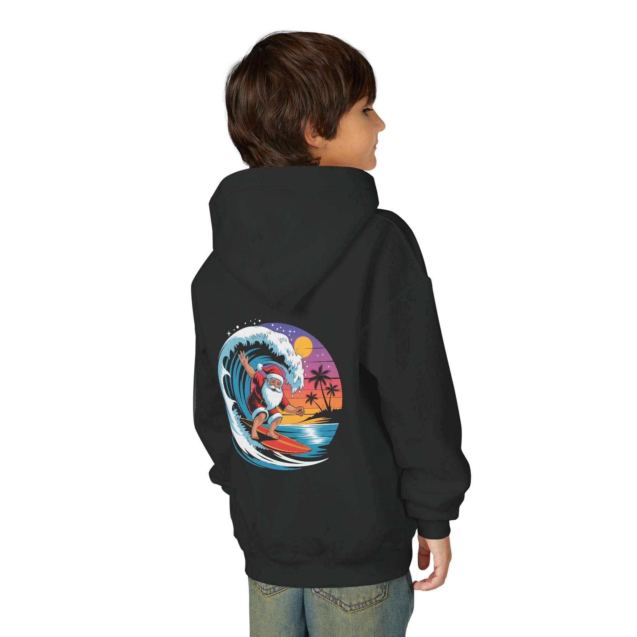 Child wearing navy Surfing Santa Hoodie with Santa surfing on wave graphic on back