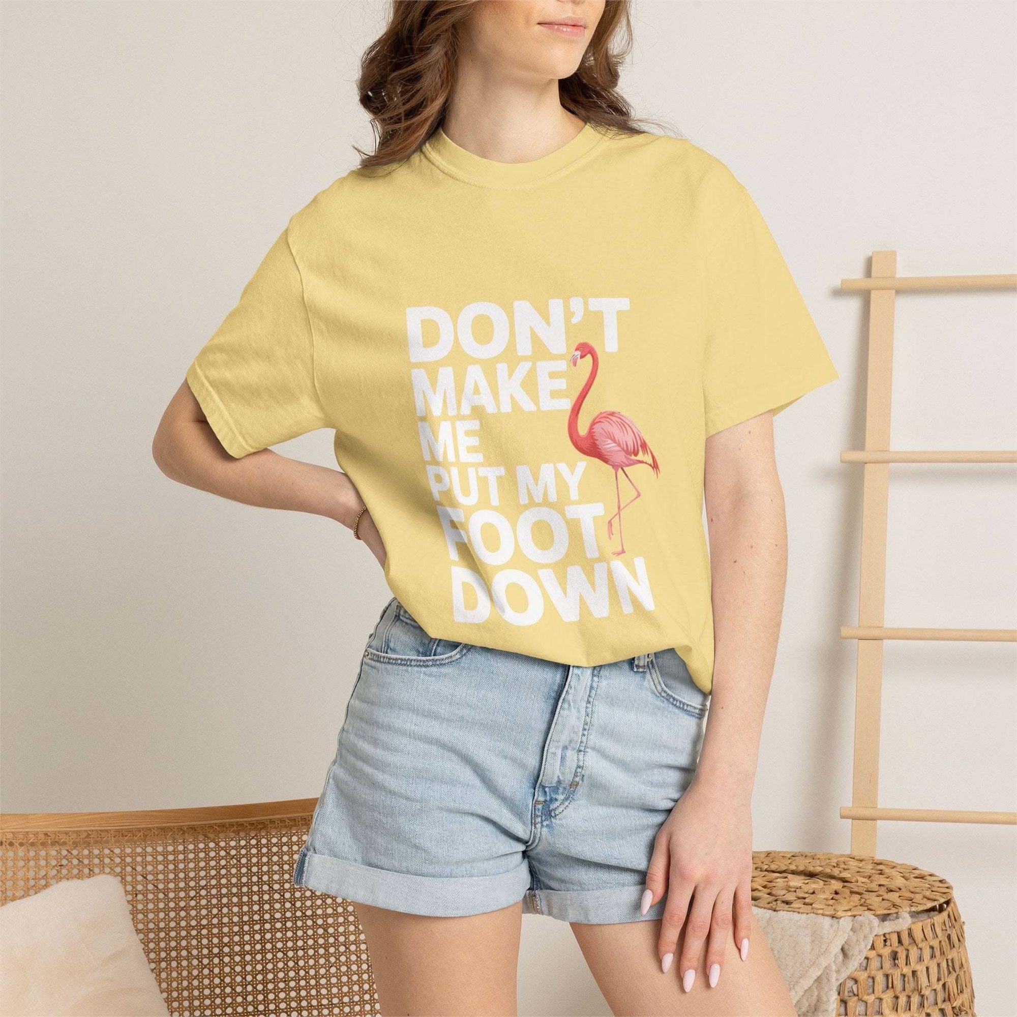 Dont Make Me Put My Foot Down flamingo graphic on vintage-style cotton T-shirt