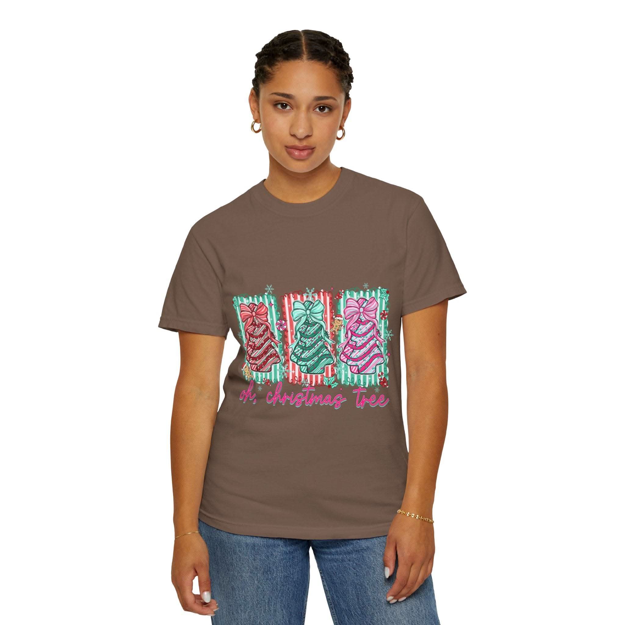 Oh Christmas Tree T-shirt with colorful decorated Christmas trees on cream garment-dyed fabric
