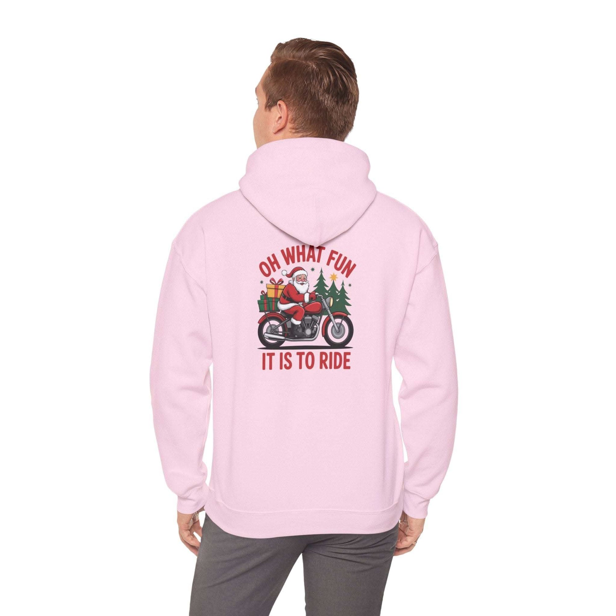 Santa motorcycle hoodie in black, featuring festive graphics, perfect for holiday celebrations and motorcycle enthusiasts.
