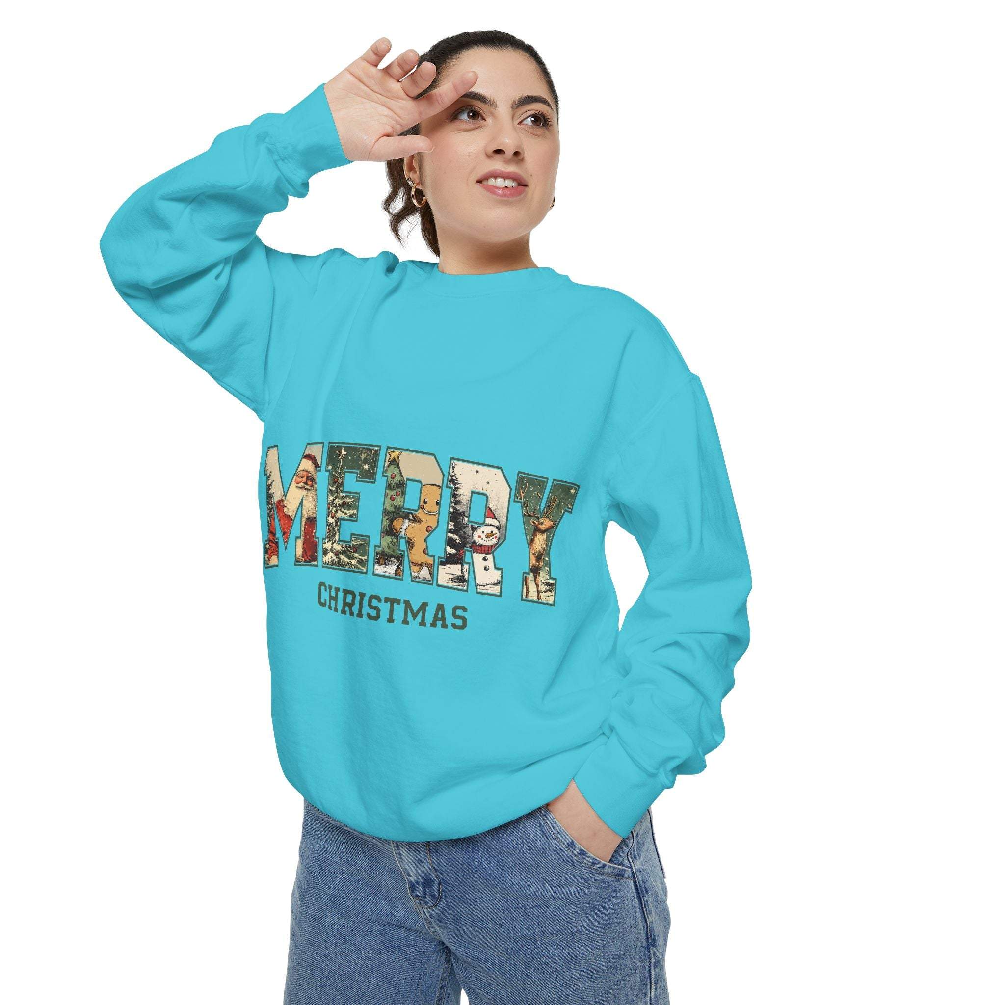 Vintage Varsity Merry Christmas sweatshirt in bright blue with cozy fit and festive lettering design