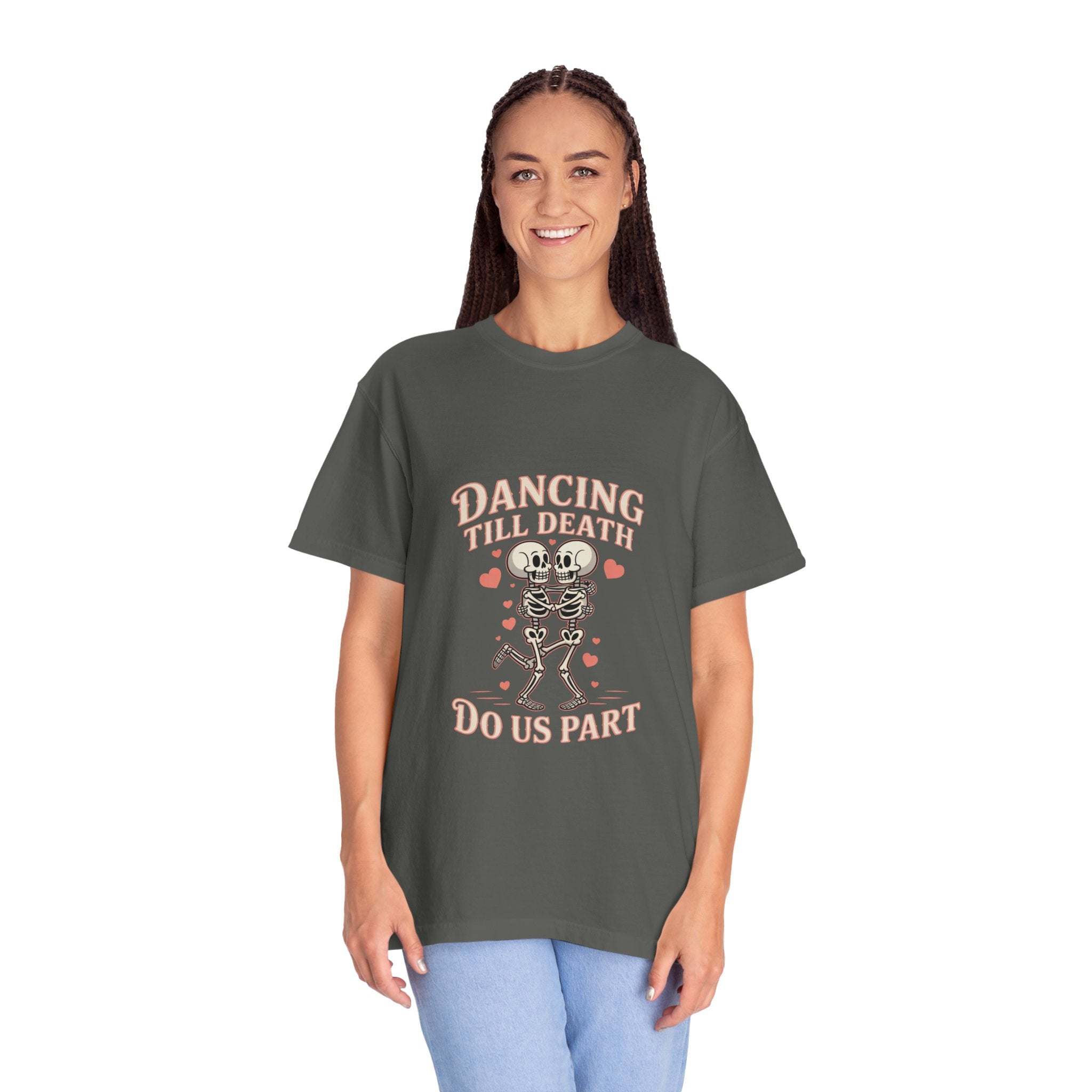 Dancing Till Death Do Us Part t-shirt with dark humor print and faded look