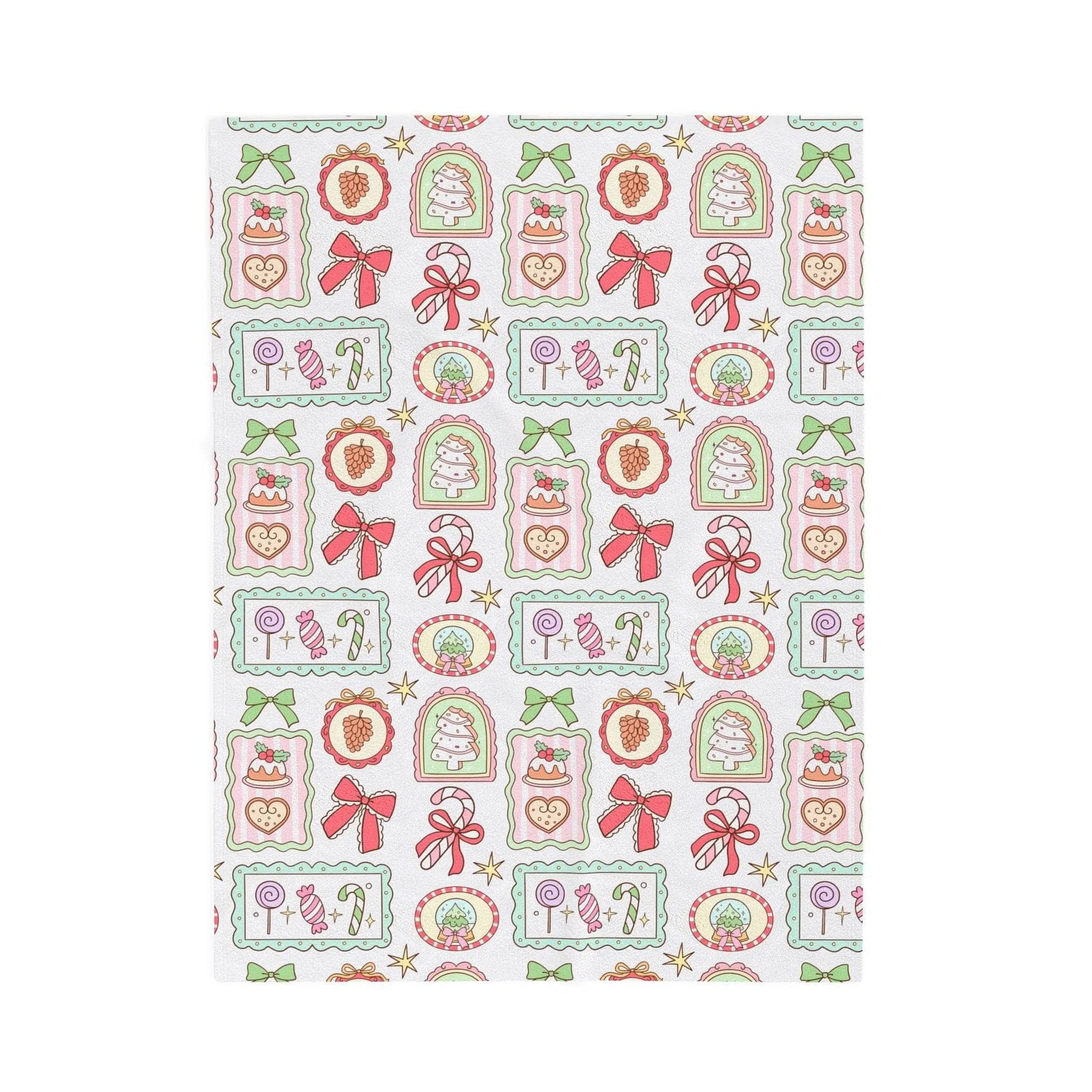 Velveteen plush blanket with retro Christmas frames pattern in festive colors