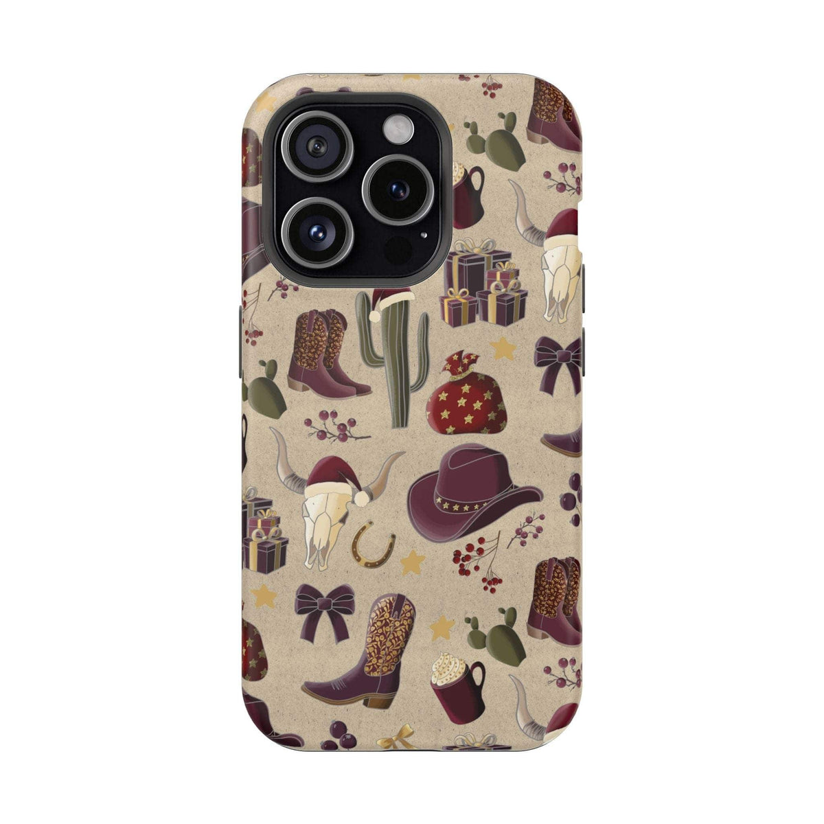 Cowboy Christmas design phone case for iPhone 17 in glossy finish by Printify, featuring festive colors and patterns.