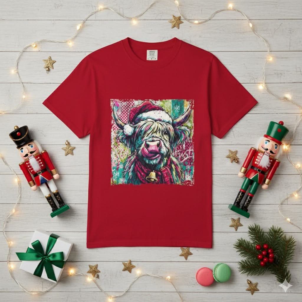 Retro Santa Highland Cow T-shirt featuring festive cow in Santa hat, cozy 100% cotton unisex holiday apparel