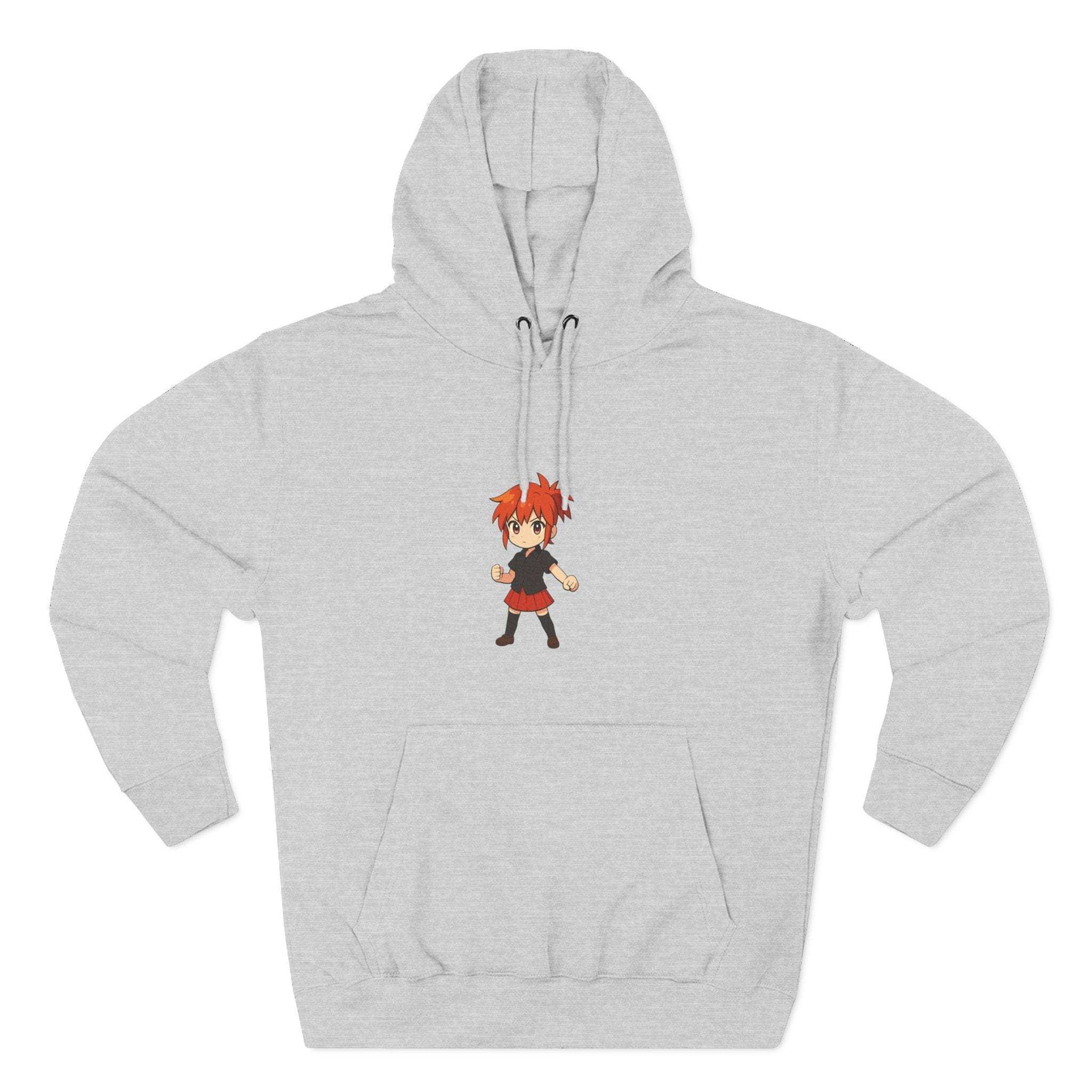 Black fleece hoodie featuring anime power girl design, cozy and casual, by Printify.