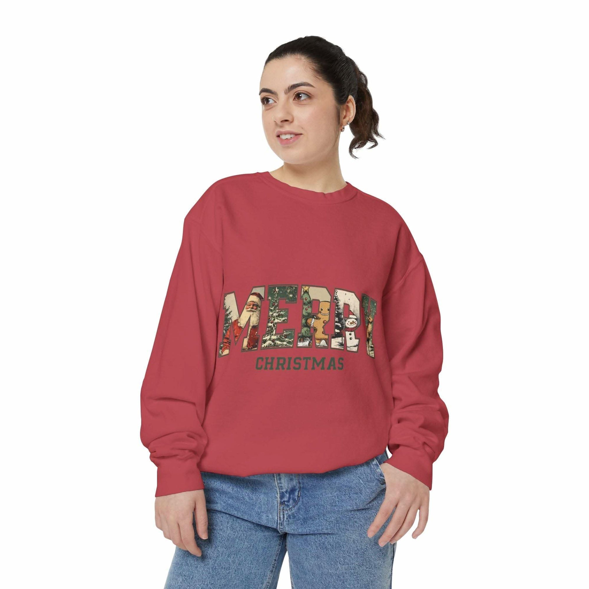 Woman wearing red Vintage Varsity Merry Christmas sweatshirt with festive print and relaxed fit